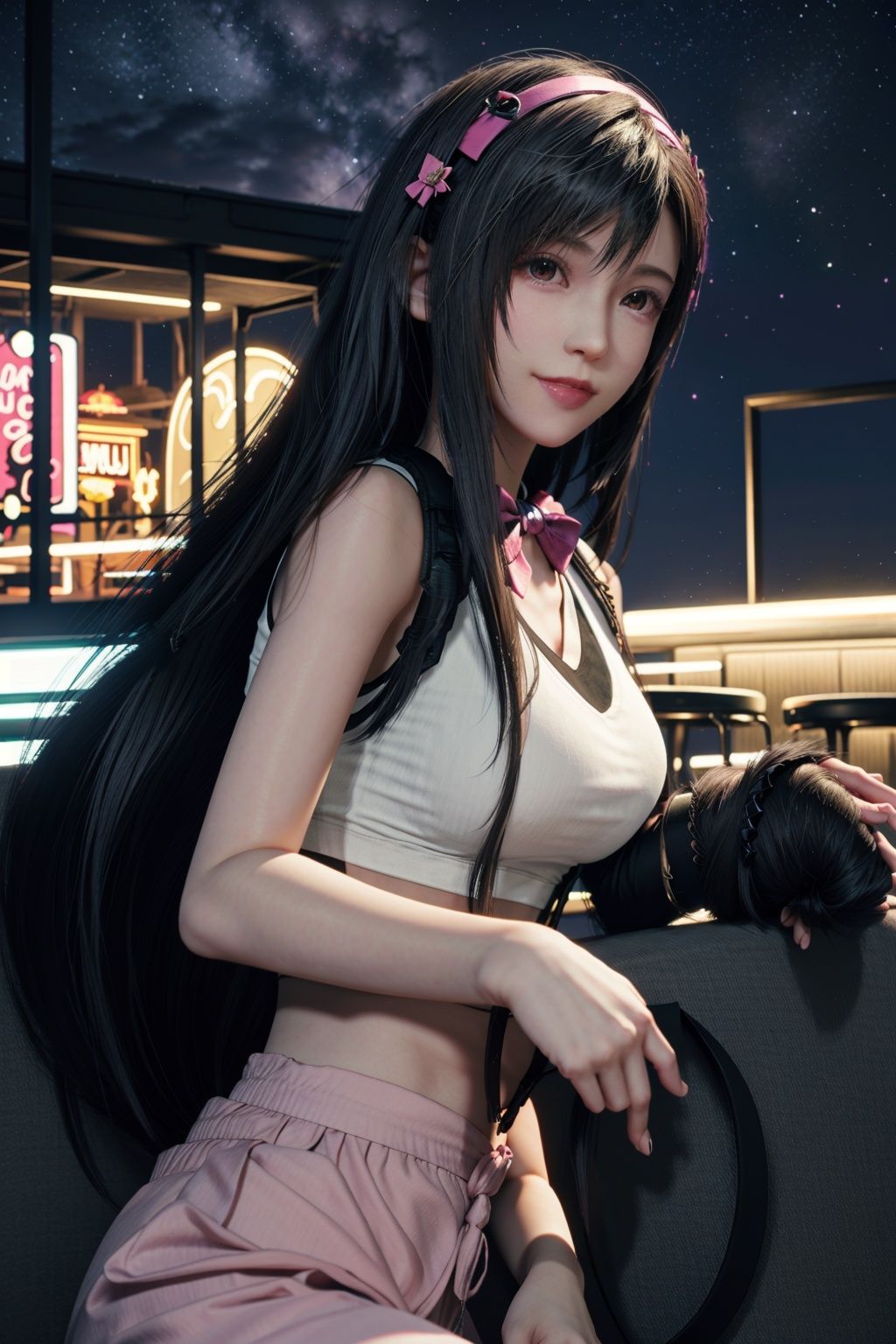 , 1 girl, tifa, hair more than one eye, hair accessories, blue eyes, smile, pink hair, , seaside looking into the distance, yellow bow, night, makeup, suspenders, white top, hairpin, long hair, bangs, short sleeves, pink nails, bow tie, headband holding an iphone, most beautiful chaotic form, elegant, brutalist design, bright colors, full body, atmosphere, (raw photo, best quality), (realistic, photo photorealistic: 1.3), 