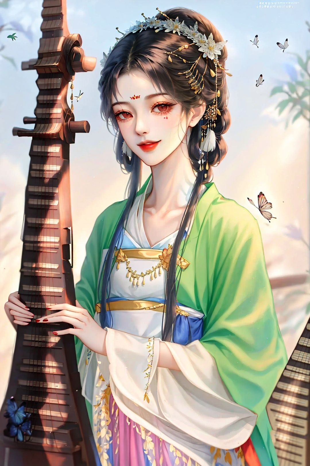 1girl, black hair, bug, butterfly, chinese clothes, facial mark, fashi-girl, flower, forehead mark, hair flower, hair ornament, hair rings, hanfu, holding instrument, lute \(instrument\), long hair, looking at viewer, parted lips,light smile, solo, upper body