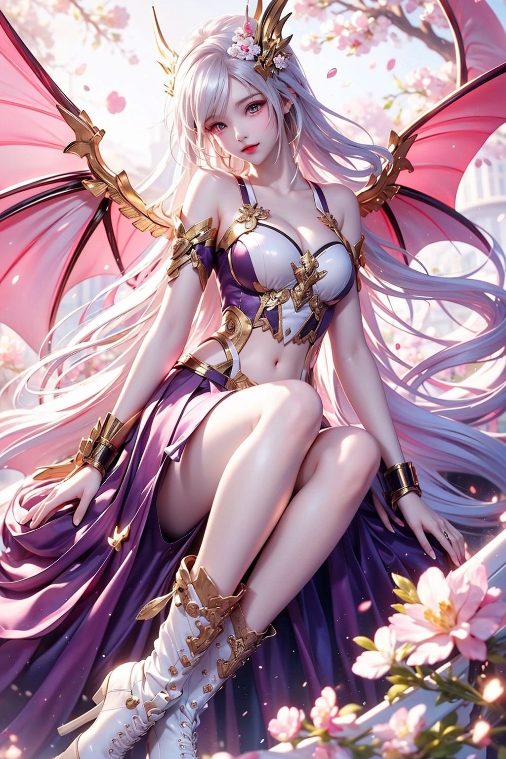 Bare shoulders, pale skin, dragon wings, white hair, purple eyes, collarbone, pleated skirt, ankle boots, retro style
