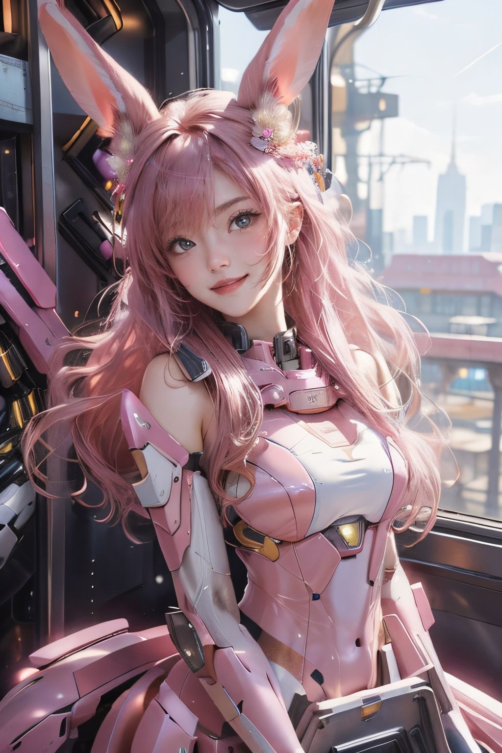 Future city, Sky High, girl, stand in front of the train,locomotive,  Mecha :1.2,Pink Mecha,Dragon ear,Rabbit ear,Honey Mecha,Mecha,1girl