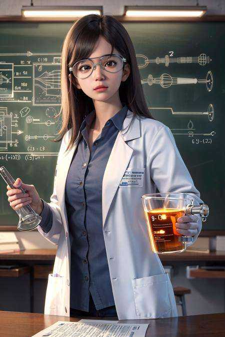 <lora:hipoly_3dcg_v7-epoch-000012:0.5>,3d, realistic, masterpiece, best quality,1girl,  Scientist, Wearing lab coat, safety goggles or glasses, holding scientific equipment like a beaker or test tube, laboratory background, scientific diagrams or formulas on a chalkboard or paper,rim lighting, side lighting, cinematic light, ultra high res, 8k uhd, film grain,best shadow, delicate, RAW, light particles,detailed skin texture, detailed cloth texture,  beautiful detailed face, intricate details, ultra detailed