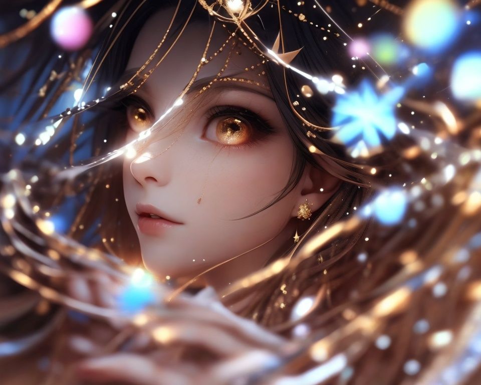 fantasy eye,<lora:LORA_fantacyeye_v2:0.7>,perfect eye,   <lora:mFKorea_60e5lion:0.5>, gradient_eyes, colored  eyelashes, pupils  sparkling,stars in eyes, jewelry, stars in the eyes, stars in the eyes, stars in the eyes, messy floating hair, colored inner hair, Starry sky adorns hair, depth of field, masterpiece, best quality,