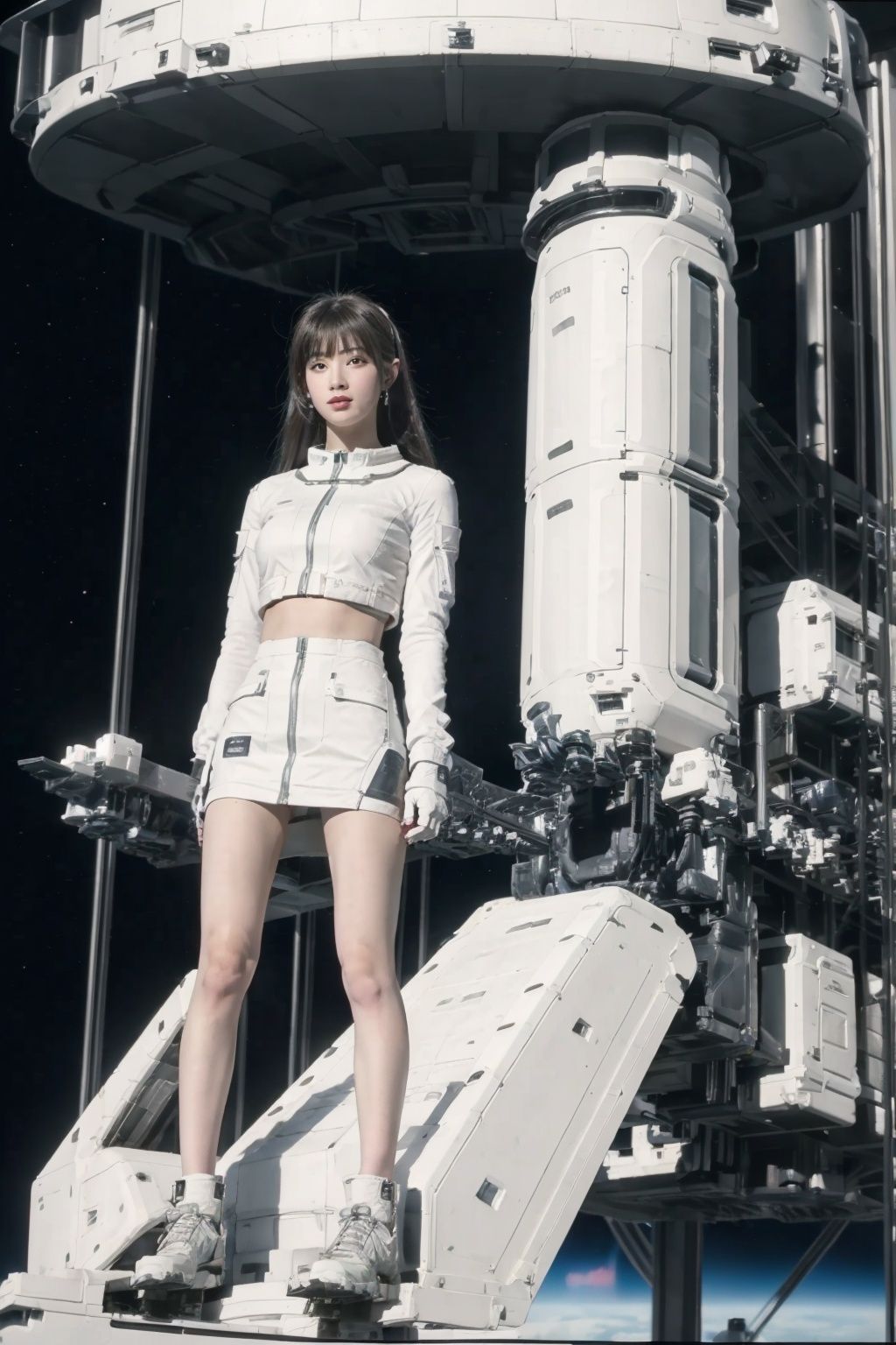 1girl, solo, a colorful mecha girl on the front of space elevator,nsfw,Space elevator, (best quality), (masterpiece),(ultra-detailed:1.2),(photorealistic:1.4),(highres), sky,day, building, cloud, motor vehicle, outdoors, military <lora:space-elevator_v1:0.7>