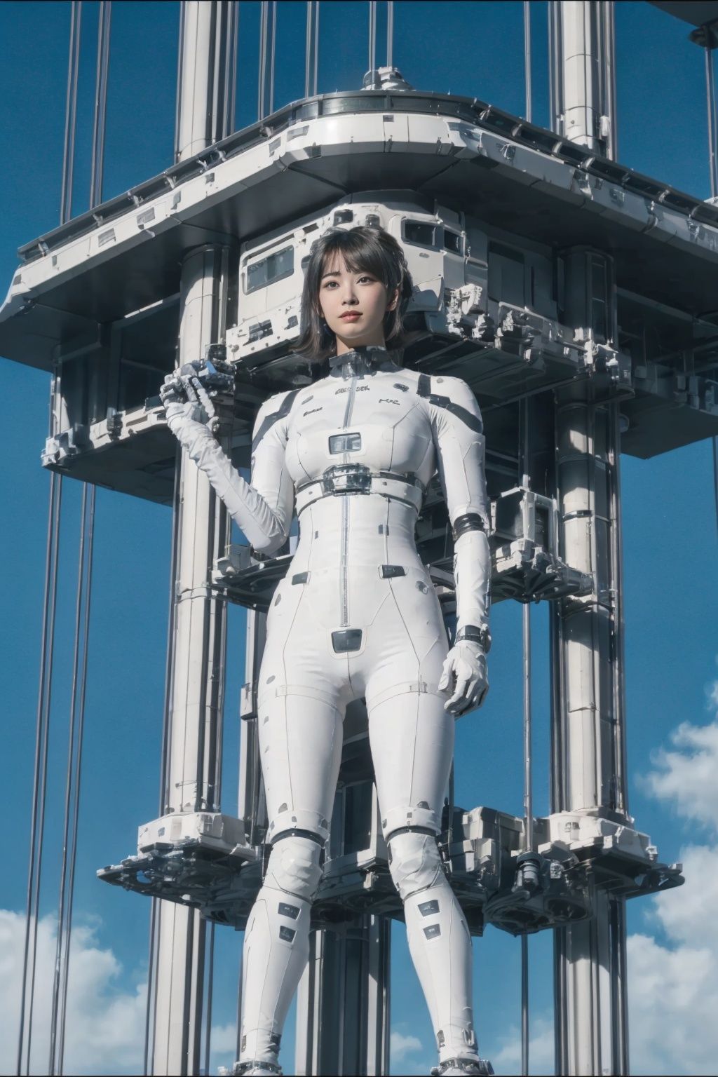 1girl, solo, a colorful mecha girl on the front of space elevator,nsfw,Space elevator, (best quality), (masterpiece),(ultra-detailed:1.2),(photorealistic:1.4),(highres), sky,day, building, cloud, motor vehicle, outdoors, military <lora:space-elevator_v1:0.7>