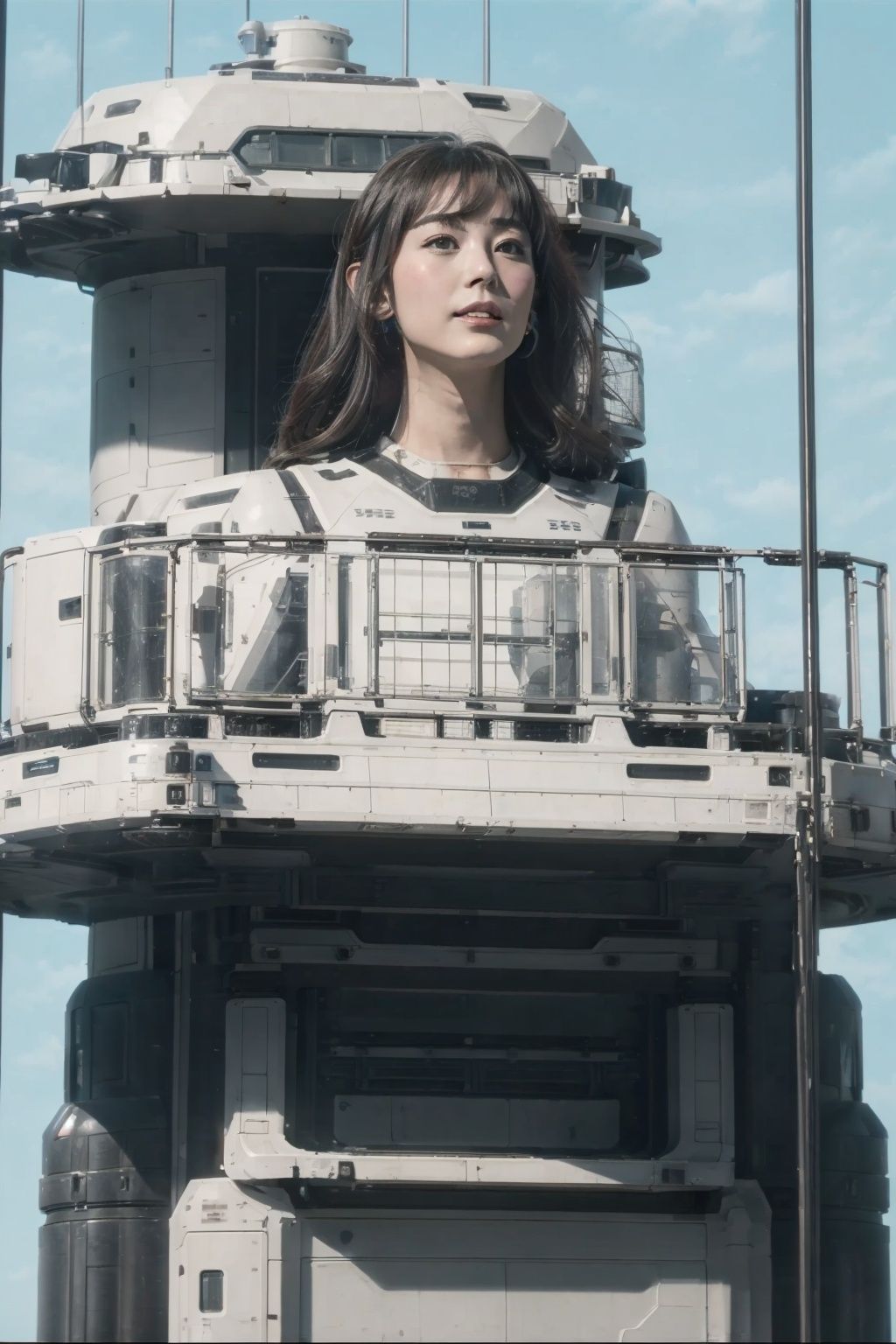 1girl, solo, a colorful mecha girl on the front of space elevator,nsfw,Space elevator, (best quality), (masterpiece),(ultra-detailed:1.2),(photorealistic:1.4),(highres), sky,day, building, cloud, motor vehicle, outdoors, military <lora:space-elevator_v1:0.7>