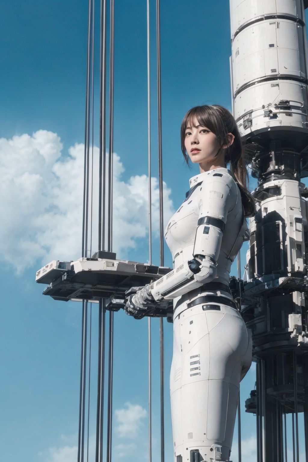1girl, solo, a colorful mecha girl on the front of space elevator,nsfw,Space elevator, (best quality), (masterpiece),(ultra-detailed:1.2),(photorealistic:1.4),(highres), sky,day, building, cloud, motor vehicle, outdoors, military <lora:space-elevator_v1:0.7>