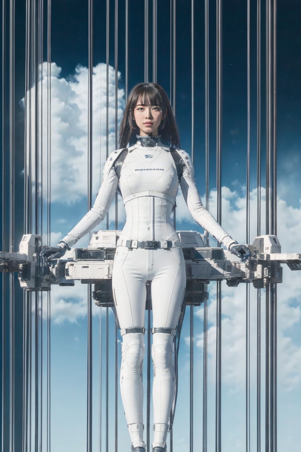 1girl, solo, a colorful mecha girl on the front of space elevator,nsfw,Space elevator, (best quality), (masterpiece),(ultra-detailed:1.2),(photorealistic:1.4),(highres), sky,day, building, cloud, motor vehicle, outdoors, military <lora:space-elevator_v1:0.7>