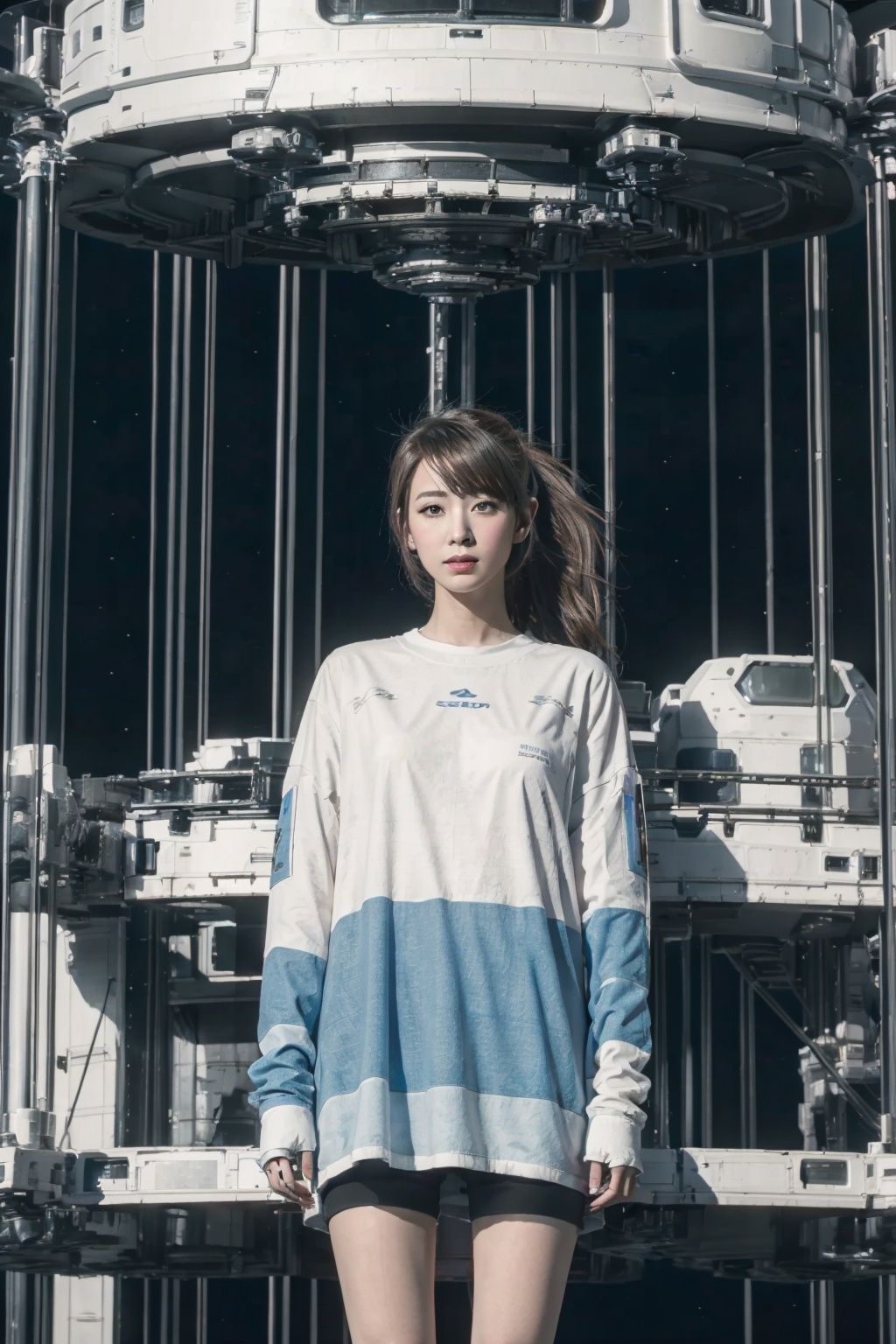1girl, solo, a colorful mecha girl on the front of space elevator,nsfw,Space elevator, (best quality), (masterpiece),(ultra-detailed:1.2),(photorealistic:1.4),(highres), sky,day, building, cloud, motor vehicle, outdoors, military <lora:space-elevator_v1:0.7>