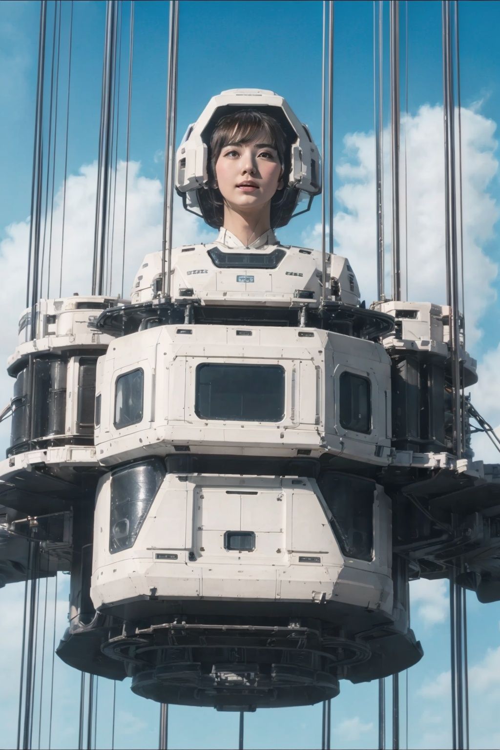 1girl, solo, a colorful mecha girl on the front of space elevator,nsfw,Space elevator, (best quality), (masterpiece),(ultra-detailed:1.2),(photorealistic:1.4),(highres), sky,day, building, cloud, motor vehicle, outdoors, military <lora:space-elevator_v1:0.7>