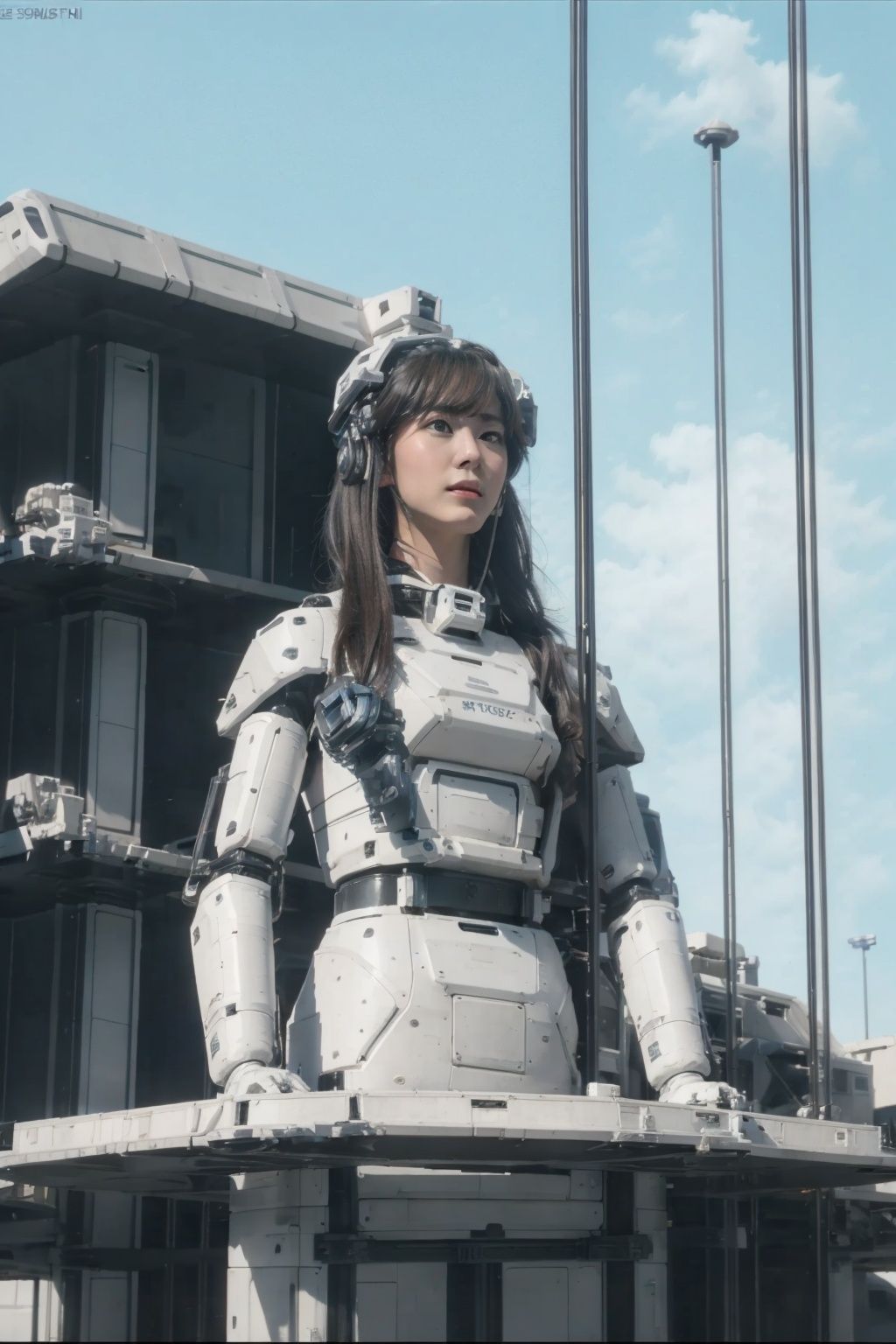 1girl, solo, a colorful mecha girl on the front of space elevator,nsfw,Space elevator, (best quality), (masterpiece),(ultra-detailed:1.2),(photorealistic:1.4),(highres), sky,day, building, cloud, motor vehicle, outdoors, military <lora:space-elevator_v1:0.7>