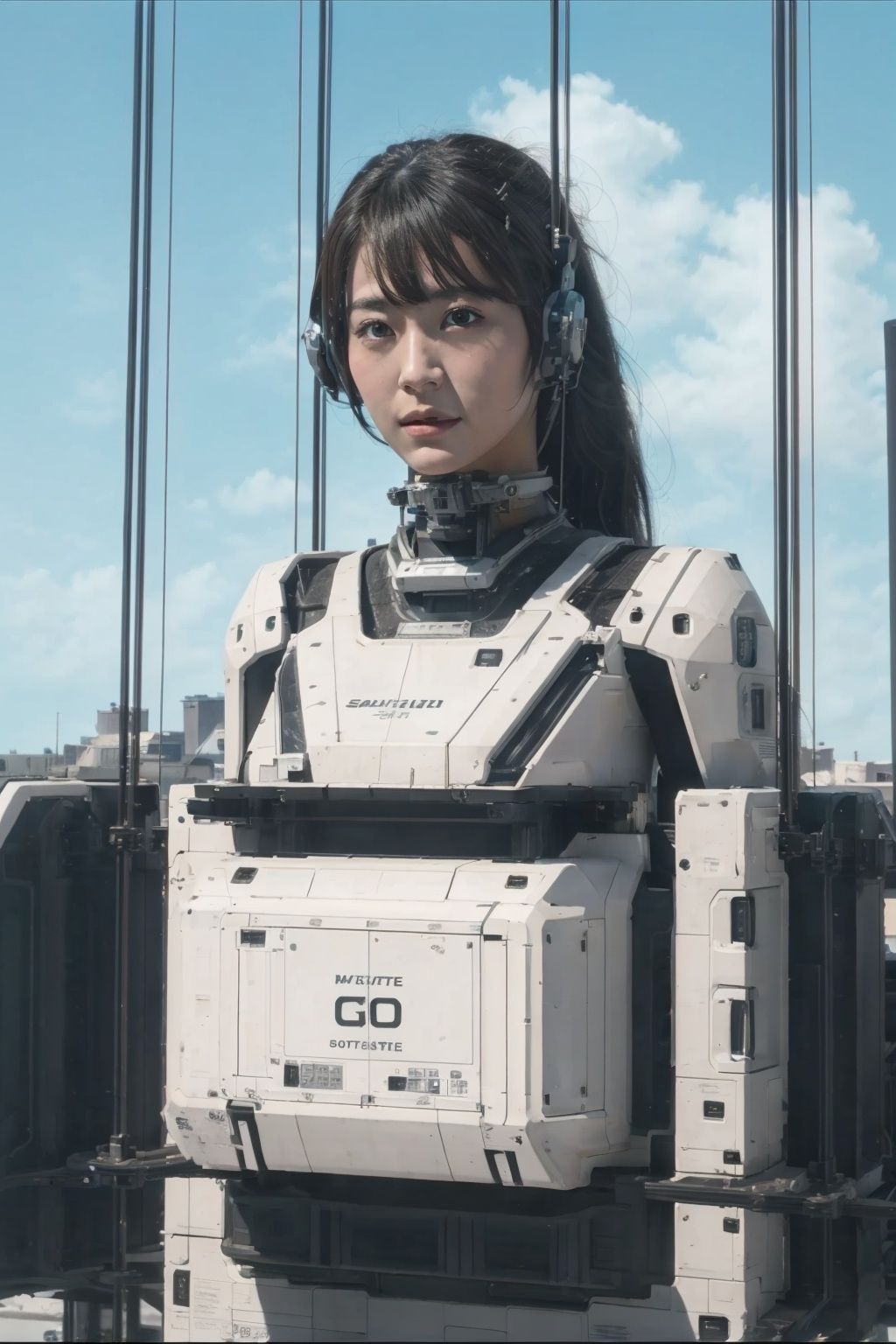 1girl, solo, a colorful mecha girl on the front of space elevator,nsfw,Space elevator, (best quality), (masterpiece),(ultra-detailed:1.2),(photorealistic:1.4),(highres), sky,day, building, cloud, motor vehicle, outdoors, military <lora:space-elevator_v1:0.7>