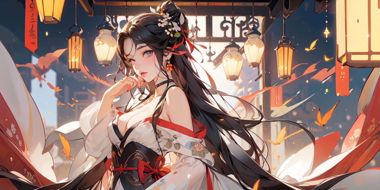 nsfw,(Masterpiece:1.2, high quality), (pixiv:1.4),cowboy shot, Eyebrows like willow leaves, ,The face is as beautiful as a flower, the eyes are tender. Small waist, big breasts, revealing cleavage; Lips slightly open, seductive expression. <lora:Chinese style_20230608163116-000018:0.8>