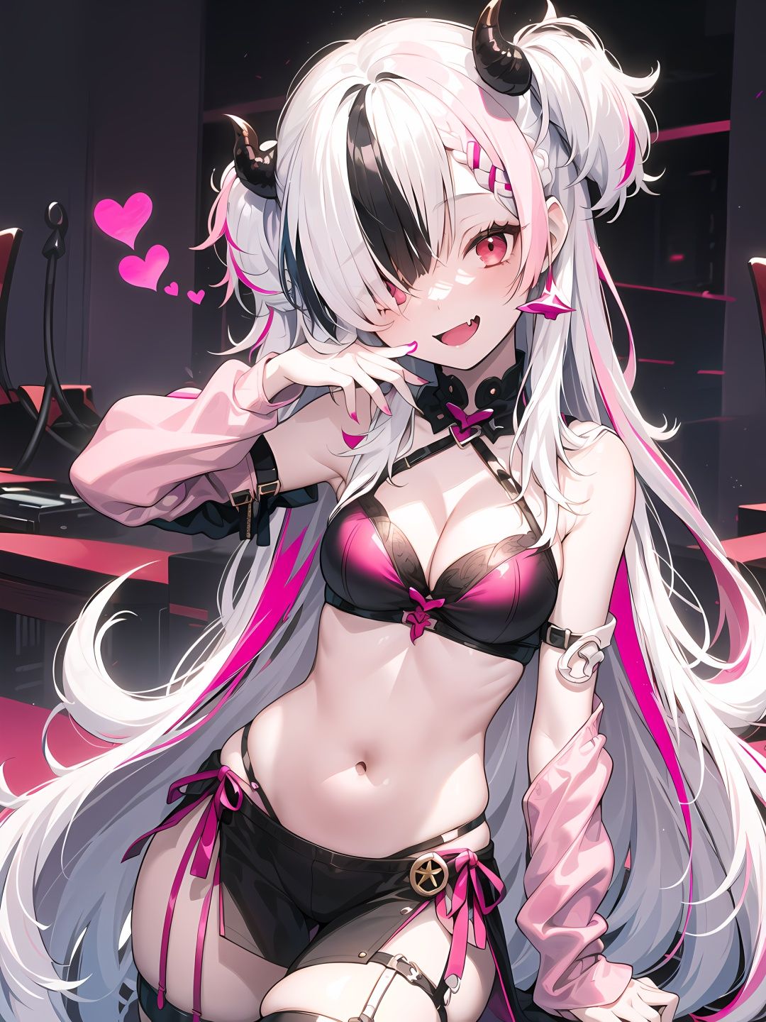 1girl, loli,( white hair, two-tone hair, pink hair:1.4), red eyes, medium breasts, light smile, indoors, thick, long hair, two side up, very long hair, blunt bangs, eyes visible through hair, hair over one eye, cleavage, midriff, head tilt, succumbs ,demon girl, fang,,