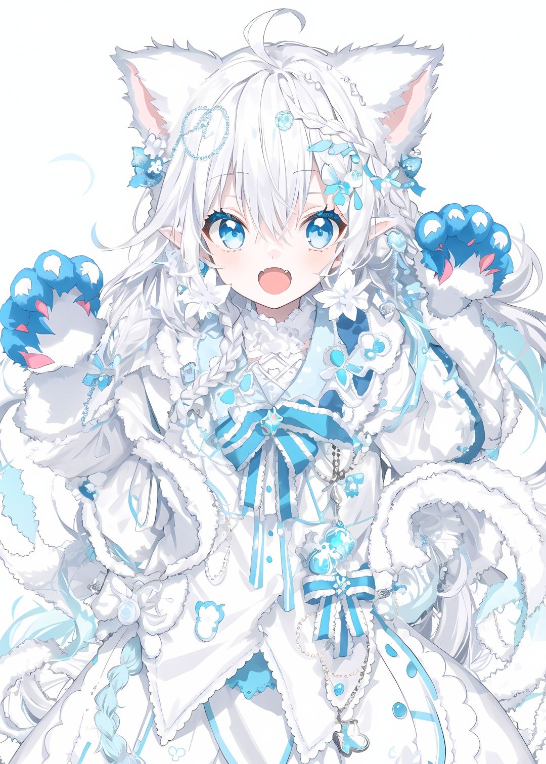 1girl, white_gloves, braid, full_body, gloves, long_hair, official_alternate_costume, pointy_ears, simple_background, solo, standing, very_long_hair, white_background,white hair,blue eyes,paw claw pose, open_mouth,