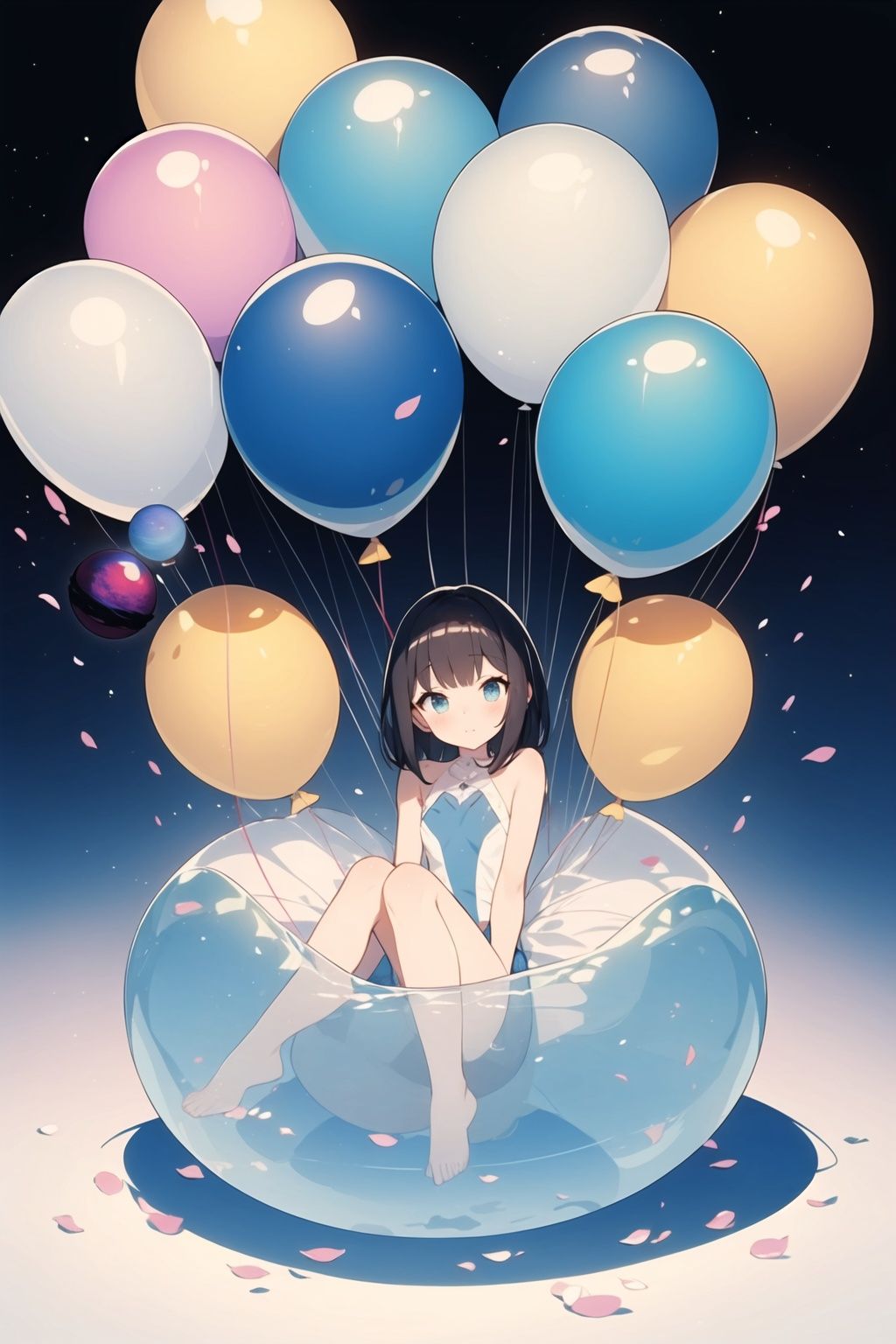 ([balloons:Small planets:0.5]:1.4), (Small_planets inside of balloons:1.4), (lots of colorful Small_planets:1.35)(colorful planets, earth, floating petals, big balloons:1.22),1 girl, cute face,Full body, sitting, detailed beautiful eyes, bare legs, costume combination, Goddess, perfect body, [nsfw:0.88](sitting on ice_planet:1.22)(lots of [floting blue Butterflies:floting ice:0.4]:1.22)(detailed light), (an extremely delicate and beautiful), volume light, best shadow,cinematic lighting, Depth of field, dynamic angle, Oily skin,