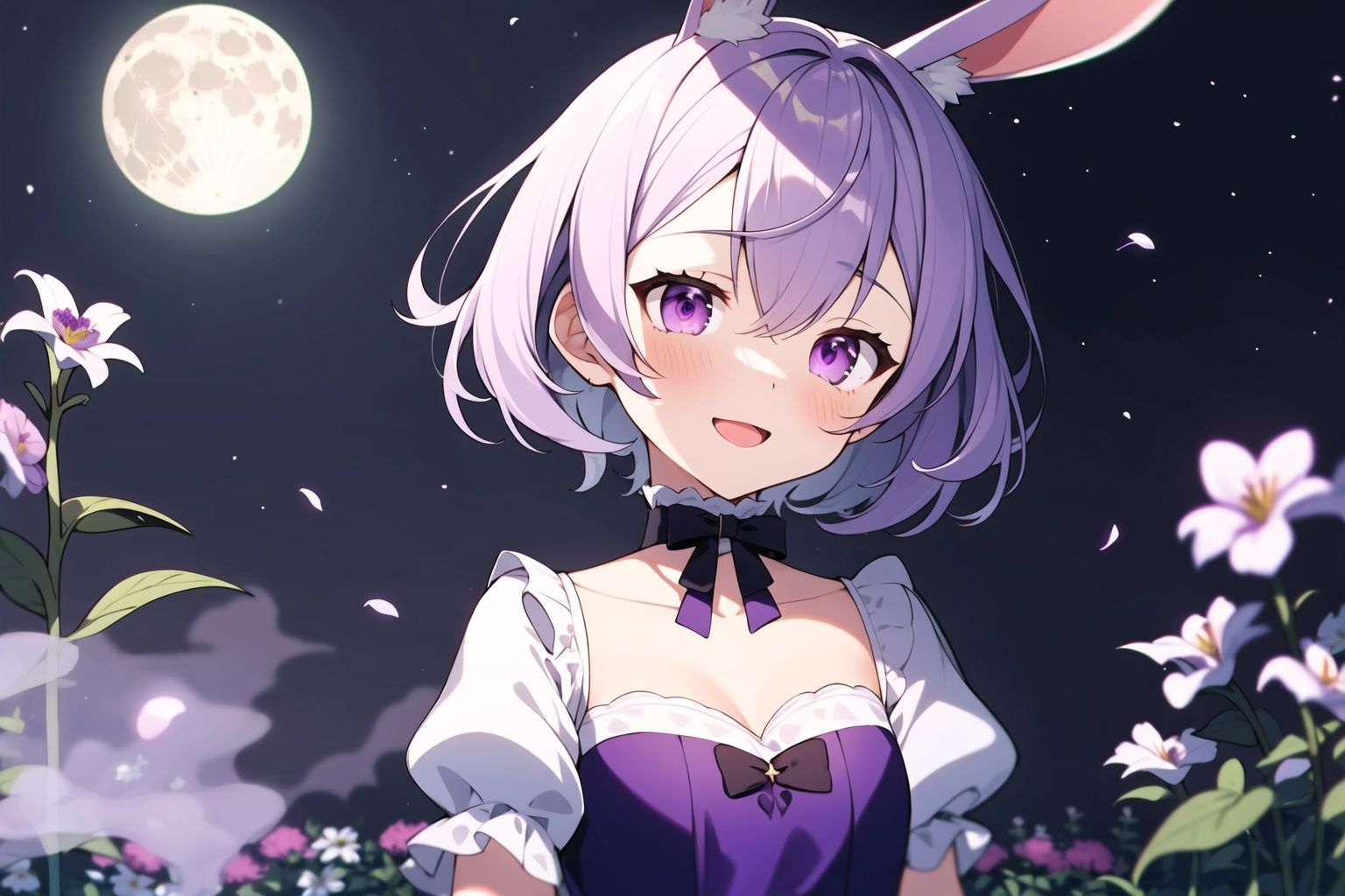 (masterpiece, best quality:1.2), illustration, absurdres, highres, extremely detailed, 1 petite girl, white short hair, rabbit ears, red eyes, eye highlights, dress, short puffy sleeves, frills, outdoors, flower, fluttering petals, upper body, (moon:1.2), night, depth of field, (:d:0.8), chromatic aberration abuse,pastel color, Depth of field,garden of the sun,shiny,Purple tint,(Purple fog:1.3)