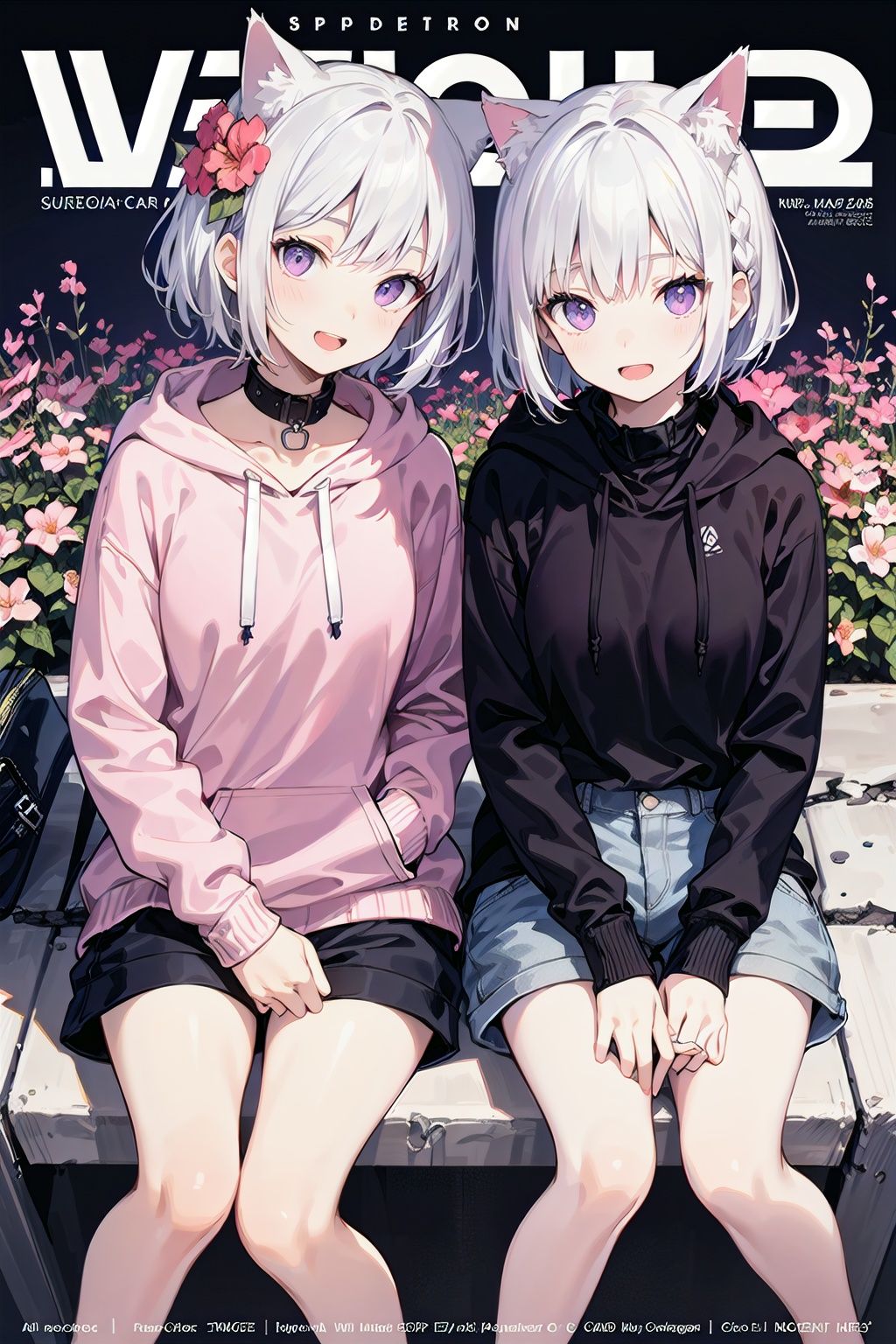 (( cat ears, short hair, silver hair, white hair, purple eyes))(( Braid))(( smile)( open mouth))((( petite girl),( slender body)),))((( wide collar clothes))(( turtleneck hoodie))(( put one's hand in one's pocket))(( pink color clothes)))(( shorts))(( sitting,))(( clearly drawn face))(( beautiful detailed eyes, super detailed skin))(( flower garden, outdoor))BRAEK(magazine:1.1), (cover-style:1.3), fashionable, vibrant, outfit, posing, front, colorful, dynamic, background, elements, confident, expression,statement, accessory, majestic,  scene, text, cover, bold, attention-grabbing, title, stylish, font, catchy, headline, larger, striking, modern, trendy, focus, fashion,