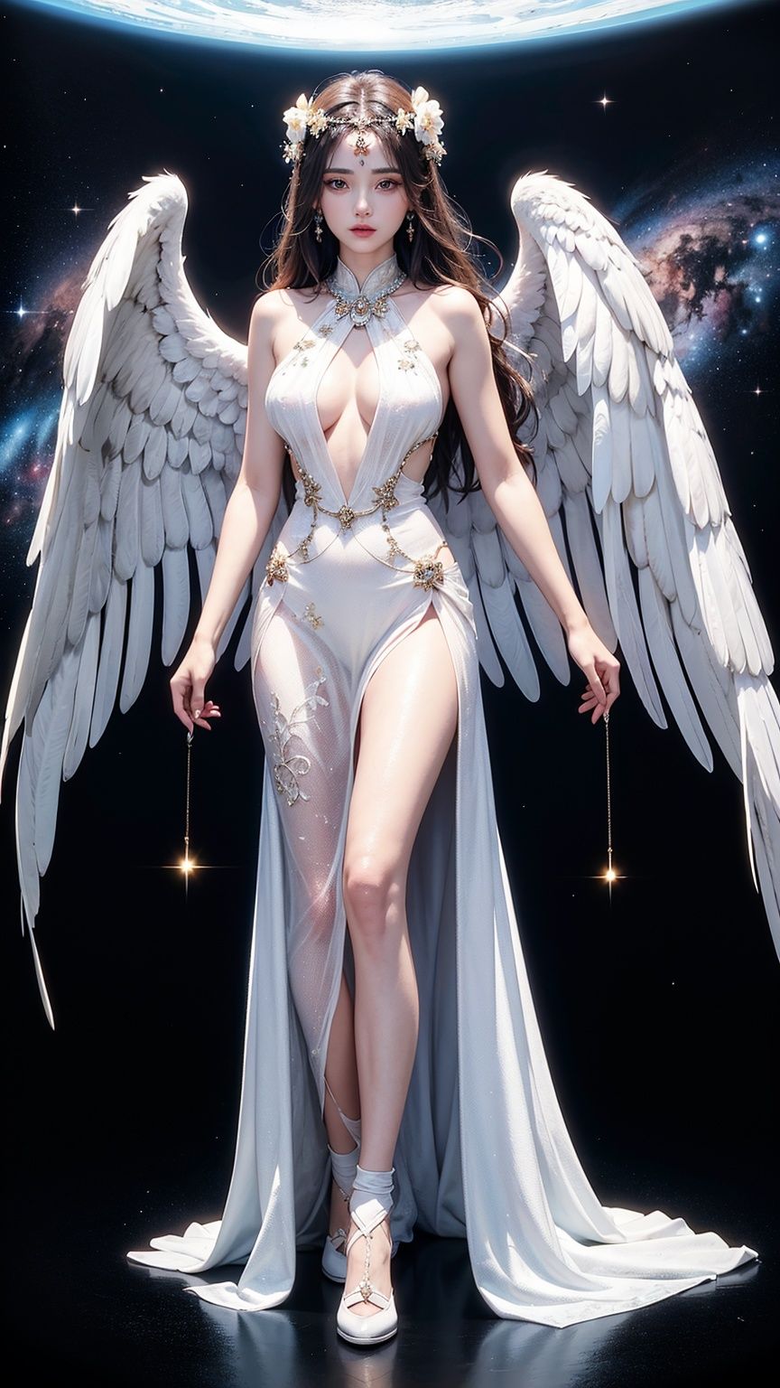 [(Masterpiece :1.4),(Best picture quality :1.4),(hyperfine :1.2)],[Official Art :1.3][Unified 8K Wallpaper :1.2][Super Detail :1.5][Gorgeous :1.2][High Quality :1.3],[Enlightenment:1.2][Antique Cloud Print :1.1][Deep Contemplation:1.3][(Hallucinatory:0.8)][Cosmic Consciousness:1.2],[Vacuum:1.1][Radiant Light:1.3][Willpower:1.2][Galaxies in Pupils:1.5] [Willpower:1.2][Galaxies in pupils :1.5],[1.5] angel: [pale: 1.2] [glow: 1.3] [skin: 1.1] [otherworldly: 1.3] [light: 1.2] [1.2] grace: [wings: 1.1] [showily: 1.2] [divine: 1.3] [empty spirit: 1.2] [charming: 1.3] [beauty: 1.3] [mystery:1.2],[Cowboy Shot :1.1],The pale and bright skin of an angel radiates light so transcendently. They have a pair of magnificent,elegant shining wings,symbolizing their divinity,shining brightly. In this profound and gorgeous scene,the elements of enlightenment,ancient cloud prints,cosmic consciousness and galaxies in the pupil are all woven together in an intoxicating way. The scenes are ethereal and captivating,perfectly capturing the essence of these mysterious and beautiful beings,presented in the best picture quality. At the same time,the details are super accurate,to the level of ultra fine,making the whole scene more gorgeous and high quality.,(full_body:1.4),