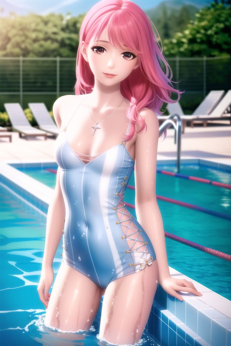 cowboy shot, solo, 1girl,  looking at viewer, (8k, RAW photo, best quality, masterpiece:1.2), (realistic, photo-realistic:1.2),1girl, solo,necklace,beautiful, masterpiece, best quality, hiqcgbody, 1girl,  pink hair,portrait shot, looking at viewer, partially submerged, outdoor pool, wet skin, intricate details,high resolution, medium breasts, full body , perfect skin, 1girl, in summer, (water), (water splash),at the pool,<lora:nikki:0.8>