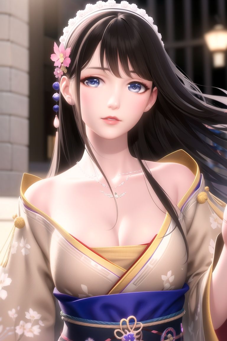 Best quality, masterpiece, ultra high res, (photorealistic:1.4), 8K raw photo, (fractal art:1.4), cinematic lighting, rim lighting, highly detailed, official art,  flawless, sharp focus, deep shadow, low key, depth of field, exquisite details and textures, delicate and beautiful, absurdres,pretty young girl,city, extremely detailed face, beautiful elegant face, detailed eyes, blue eyes, (thin lips), collarbone,  realistic hair, detailed long hair, hair blowing in the wind, hair accessories, hair ornament, , hanfu,(beautiful and aesthetic:1.2), slim waist, perfect female figure,necklace, jewelry,(looking at viewer), <lora:nikki:0.8>
