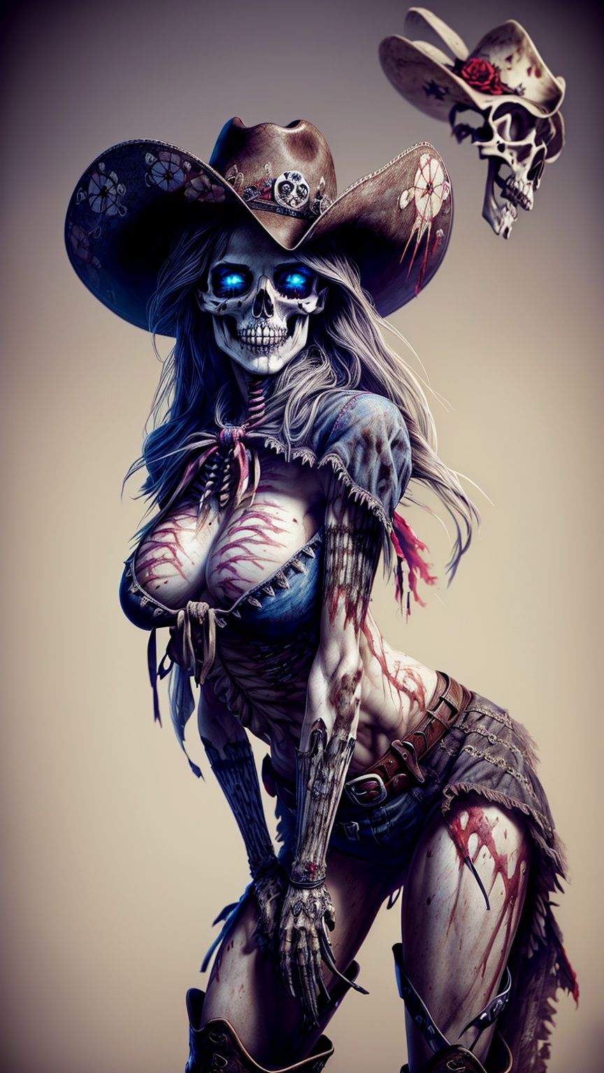 beautiful dead cowgirl,  skull,  torn clothing on Tensor.Art