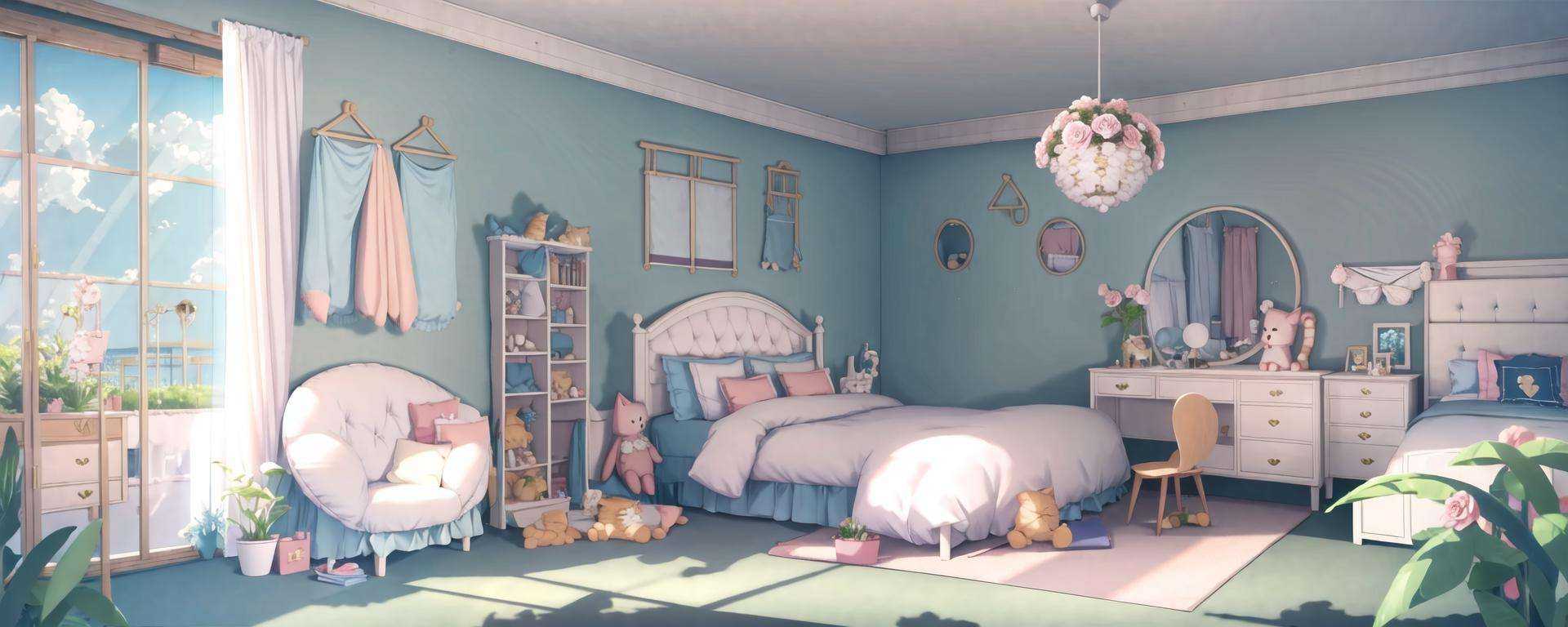 Bare thigh,extremely detailed CG unity 8k wallpaper,illustration,lens 135mm,masterpiece, best quality, no humans, flower, virtual youtuber, indoors, bed, pillow, window, stuffed toy, girl’s bedroom,table, cat, stuffed animal, bell, chair, curtains, cloud, microphone, rose, day, white flower, neck bell, english text, sky, plant, scenery,blue tone ,no human<lora:room:1>