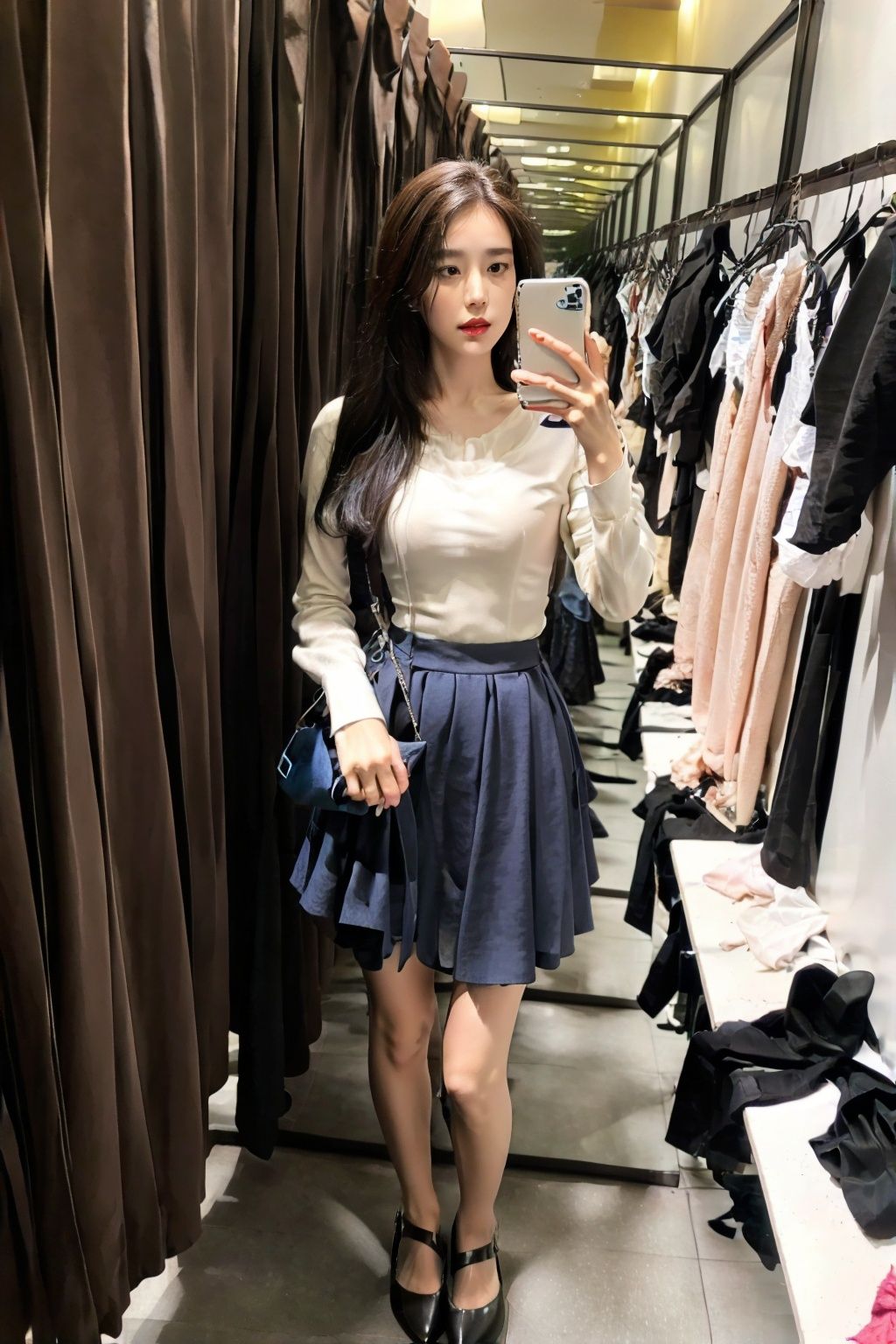 <lora:fittingroom:0.8>,fittingroom,sefies,full body,<lora:明星周子萱作附koolermustard:0.7>,(Asymmetrical_blouse:1.4),(Pleated_midi_skirt:1.3),(Kitten_heels:1.2)