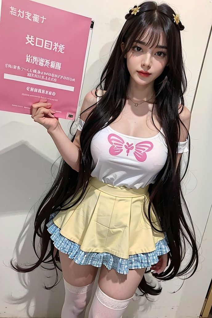 masterpiece,best quality,<lora:shuimutou-000014:0.5>,shuimutou,long hair,Glossy hair, shiny hair,Swaying hair, fluttering hair，Hair flaps，(Asymmetrical bangs:1.1)， (full body shot shot),1girl,(large breasts:1.2),  idol style, cute clothing, bright colors, playful patterns, ruffled skirts, knee-high socks, kawaii accessories, youthful designs