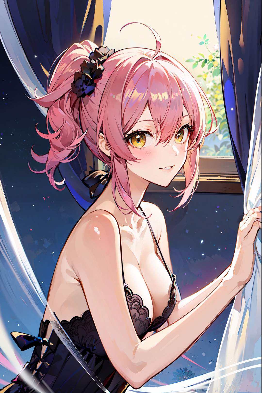 ,(Masterpiece:1.2, high quality), (pixiv:1.4),who,:3,uwu,jougasaki mika, 1girl, curtain grab, pink hair, solo, looking at viewer, curtains, smile, long hair, hair between eyes, yellow eyes, nude, parted lips, bangs, upper body<lora:cat girl:0.6>