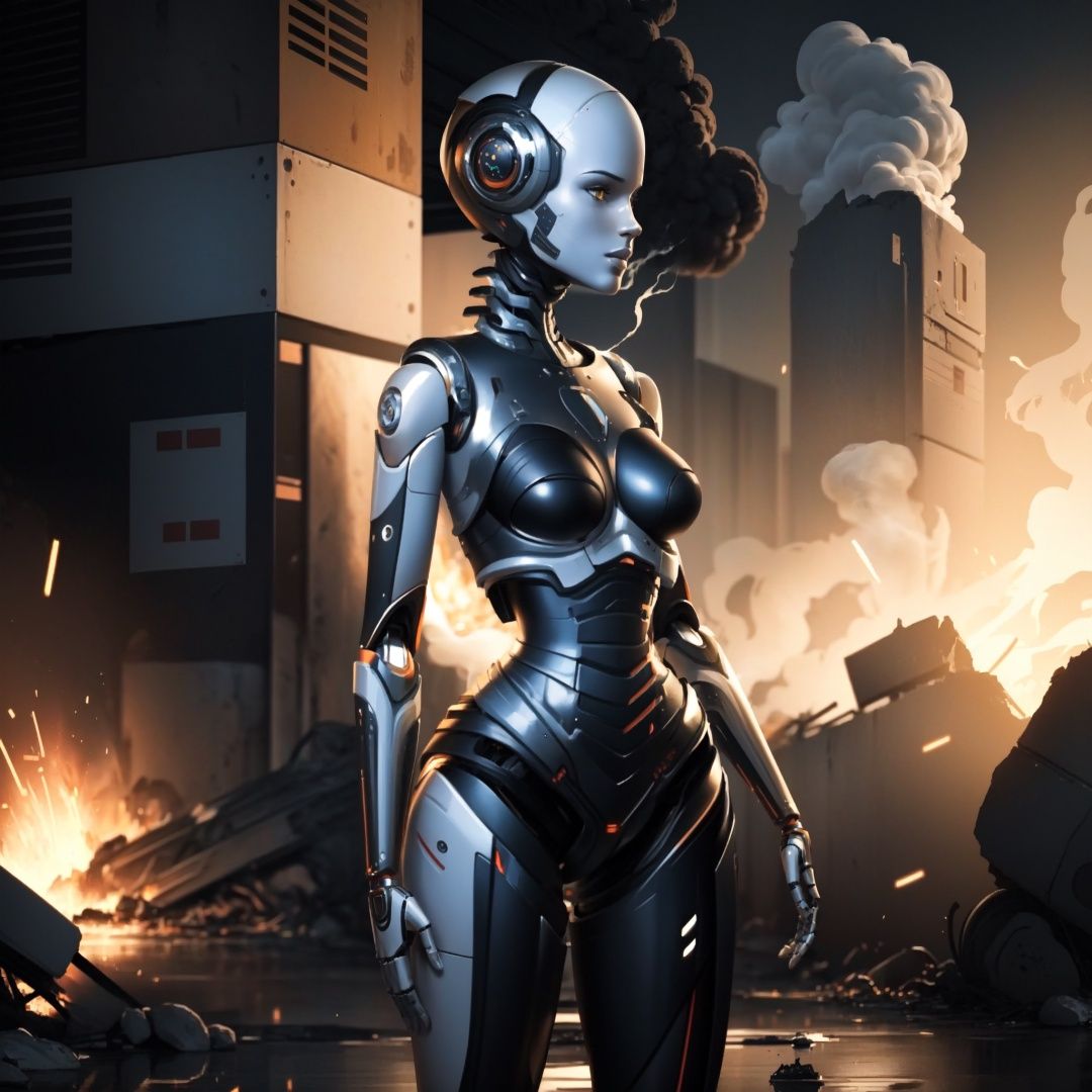 masterpiece,best quality,humanoid robot,1girl,joints,solo,robot joints,android,science fiction,breasts,shiny,robot,cyberpunk,mechanical parts,bald,medium breasts,realistic,colored skin,standing,no humans,black background,looking to the side,shiny skin,(☢:1.3),(smoke:1.2),(combat,wrecked ****:1.4),(in ruins,in town),(outdoor,sky),(sparks:1.3),(wartime:1.2),