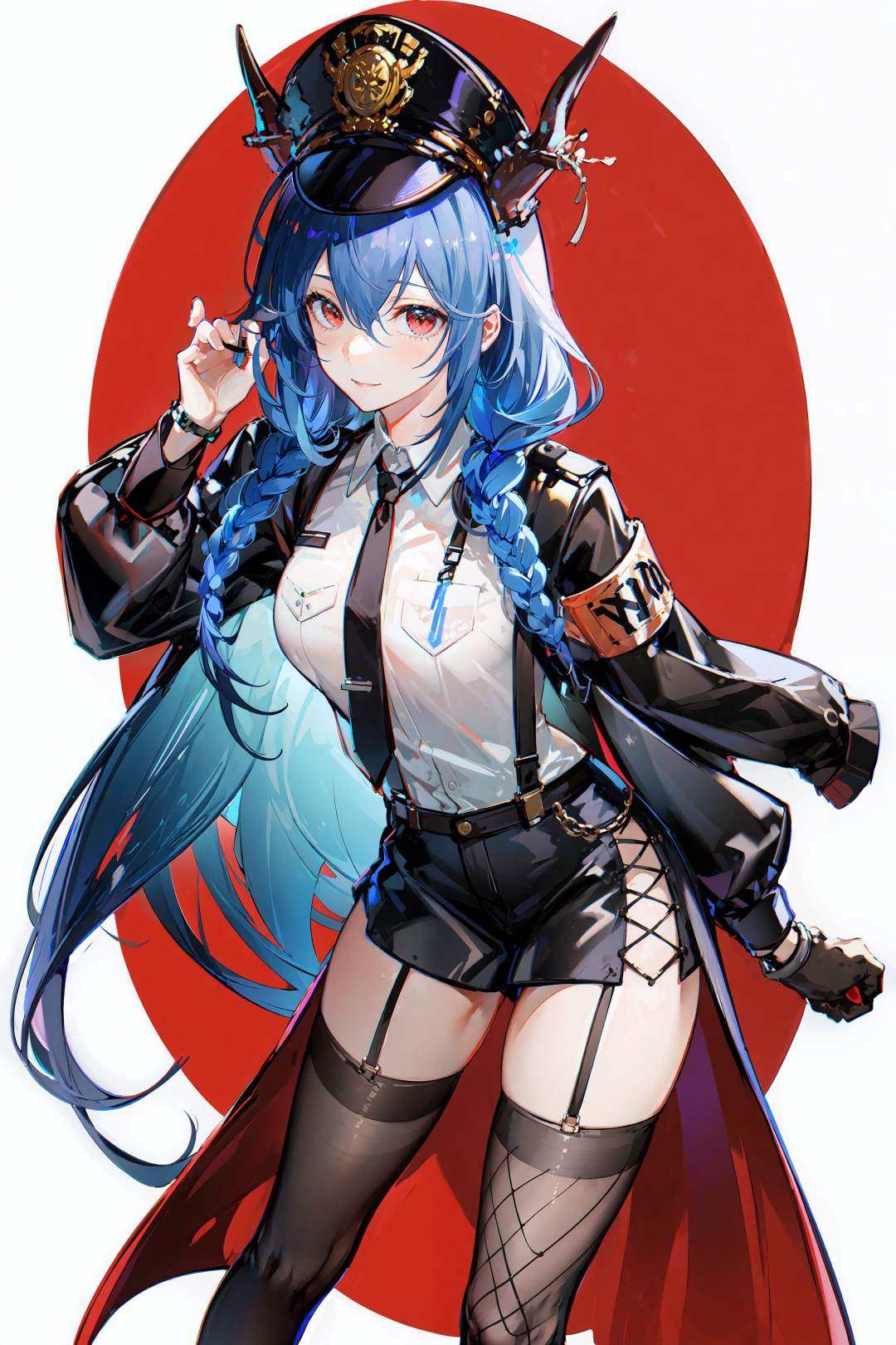 ,(Masterpiece:1.2, high quality), (pixiv:1.4),AGM,1girl, solo, handcuffs, fishnets, thighhighs, hat, breasts, braid, cuffs, garter straps, black hair, necktie, long hair, twin braids, shirt, white shirt, horns, looking at viewer, fishnet thighhighs, skirt, long sleeves, heart, red eyes, dragon horns, black headwear, tail, hair ornament, large breasts, leaning forward, black necktie, two-tone background, hand on own thigh, red background, cowboy shot, collared shirt, bangs, closed mouth, police hat, black skirt, suspenders, holding, police uniform, police, dragon girl, dragon tail, shorts, ch'en (arknights), twintails, thighs, uniform, policewoman, hair between eyes, smile, white background, miniskirt, armband, flower, see-through  <lora:AGM:0.8>