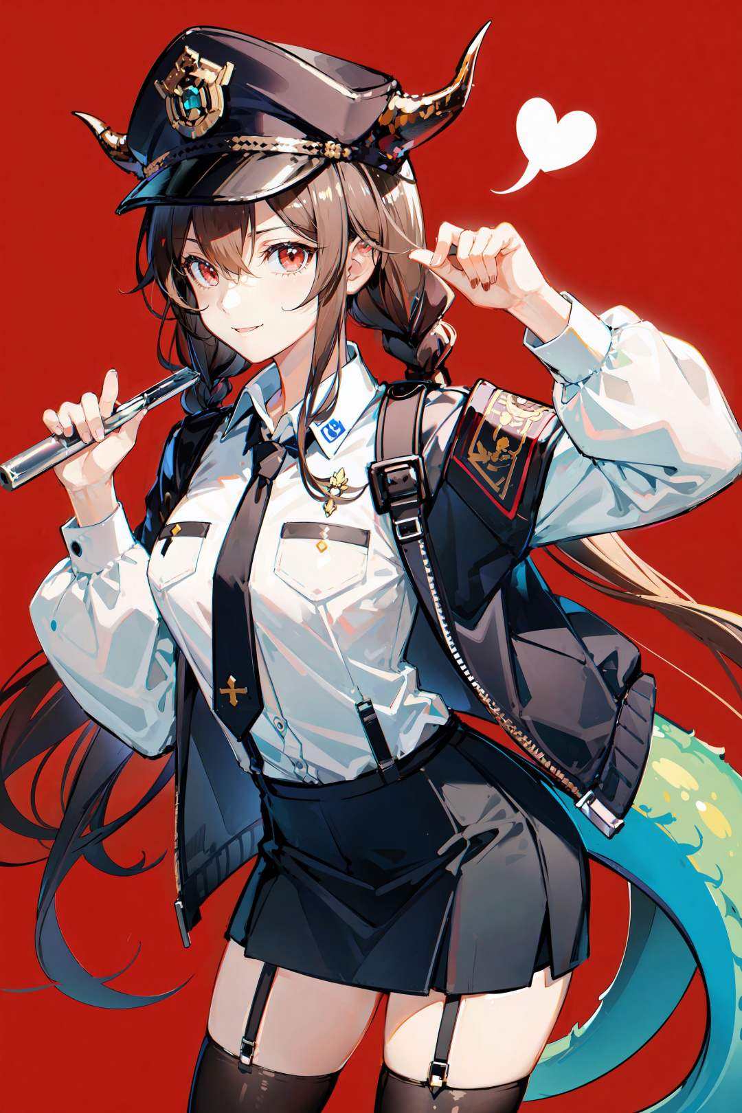 ,(Masterpiece:1.2, high quality), (pixiv:1.4),AGM,1girl, solo, handcuffs, fishnets, thighhighs, hat, breasts, braid, cuffs, garter straps, black hair, necktie, long hair, twin braids, shirt, white shirt, horns, looking at viewer, fishnet thighhighs, skirt, long sleeves, heart, red eyes, dragon horns, black headwear, tail, hair ornament, large breasts, leaning forward, black necktie, two-tone background, hand on own thigh, red background, cowboy shot, collared shirt, bangs, closed mouth, police hat, black skirt, suspenders, holding, police uniform, police, dragon girl, dragon tail, shorts, ch'en (arknights), twintails, thighs, uniform, policewoman, hair between eyes, smile, white background, miniskirt, armband, flower, see-through  <lora:AGM:0.8>