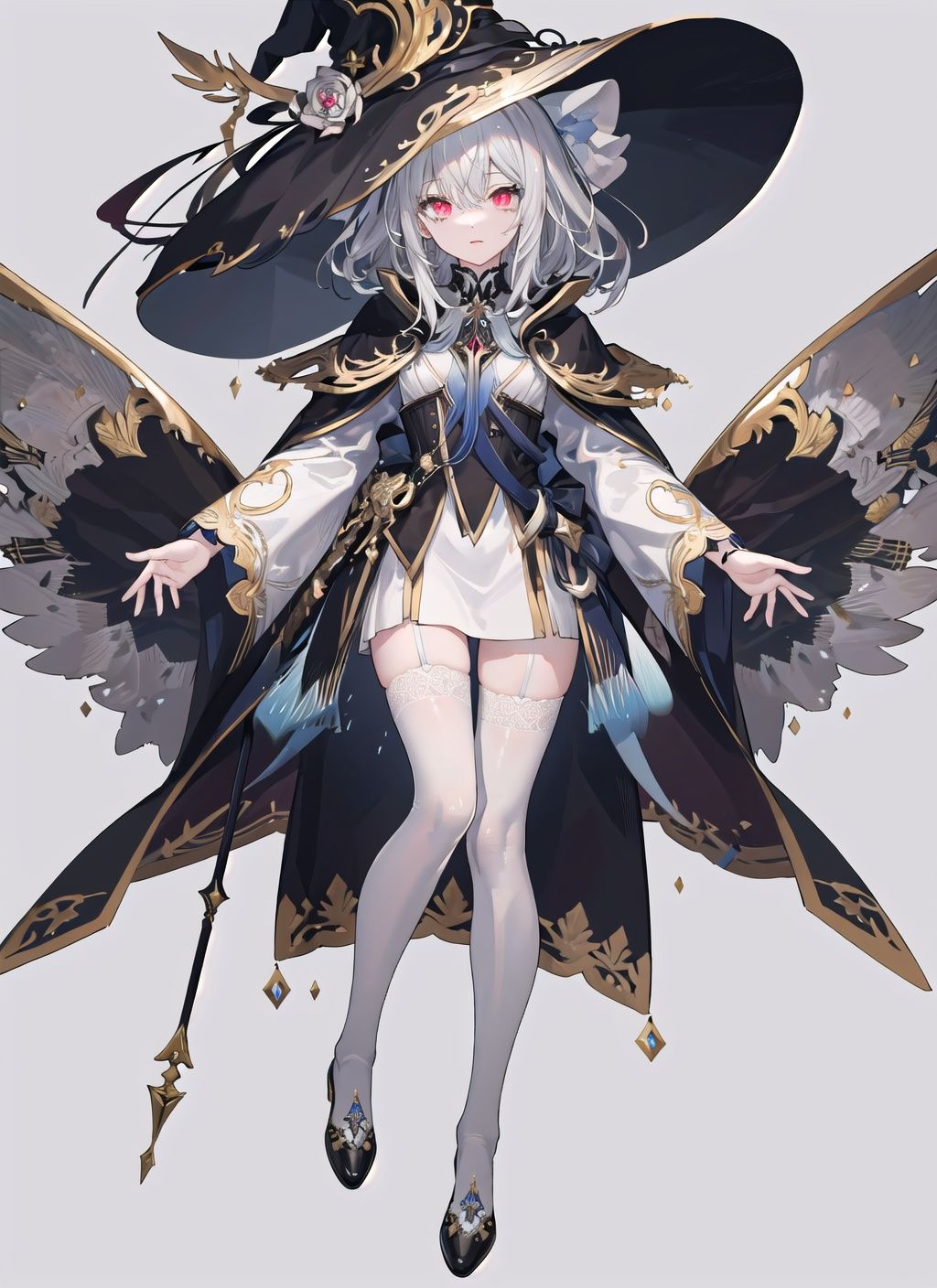 (masterpiece),(highest quality),(8k wallpaper),(highres:1.2),(an extremely delicate and beautiful),(extremely detailed),Amazing,finely detail,(Tattered clothes:1.1),full body,((gray-skinned girl)),red eye,white hair,beautiful detailed eyes,(Golden-glowing eyes),(Black tattoo),white cloak,(white witch hat),(white witch costume:1.2),((White stockings)),(close up:0.7),(slim thighs:1.1),(perfect body),(fine and beautiful detailed skin:1.2),thighhighs,