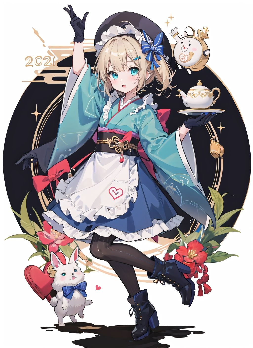 1girl, gloves, bunny, cup, boots, teapot, white gloves, teacup, apron, wide sleeves, solo, new year, watch, japanese clothes, holding, tray, cookie, food, long hair, kimono, looking at viewer, frills, pocket watch, holding tray, happy new year, long sleeves, blue kimono, bangs, animal, black footwear, white apron, full body, fur trim, bonnet, blonde hair, sparkle, frilled apron, saucer, blue eyes, sash, animal ears, brown footwear, arm up, waist apron, fur-trimmed gloves, blush, heart, parted lips, signature, eyebrows visible through hair, 2021, plate, checkerboard cookie, white background, dated, obi, high heel boots, hair ornament, 2020, hat, open mouth, :o, holding plate, blue dress, aqua kimono, high heels, wa maid, green kimono, bow, rabbit ears, fake animal ears, tea, hand up, dress, frilled sleeves, chinese zodiac, aqua eyes, light brown hair, blue headwear, checkered, belt, striped, tilted headwear, maid apron, hairband, macaron, ribbon, cupcake