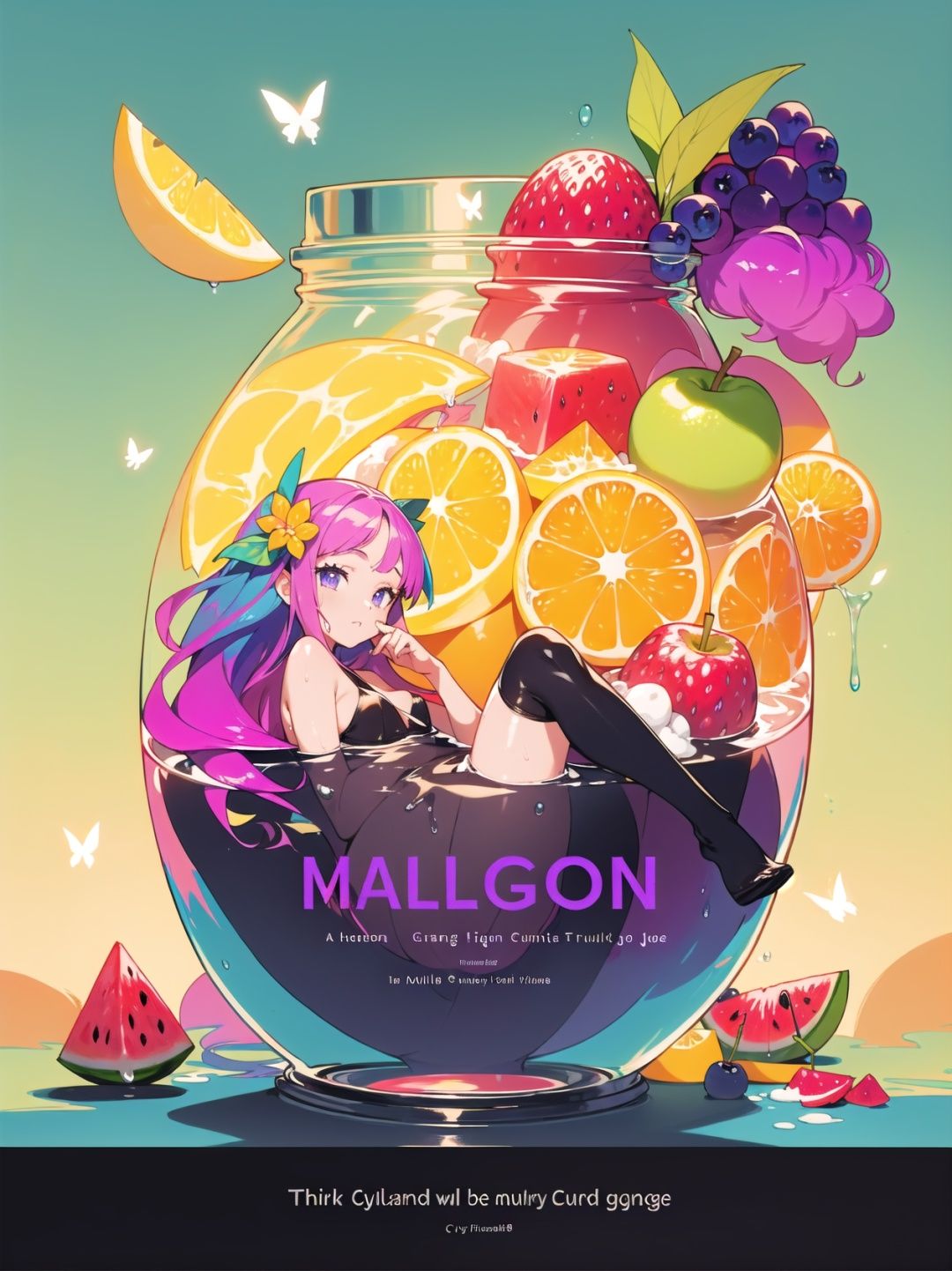 titlefont polychrome, glitch,(cover page:1.3),(english text:1.3),depth of field,(mid shot:0.95),(full body),Dynamic angle,(colorful:1.2),(1980s), colorful detialed cartoon style background,rough outline.//surrounded by giant fruit and colorful fruit,((flying colorful birds)),birds,(multicolored:1.3),(blueberry),(strawberry),(lemon slice),(cyan),(Orange slice),(green apples),(grapes),(watermelon slice),(mango),(melon),(honey),the color of candyflos,fantastical fruit garden,flowers and blossom.//1girl,(a girl with pink long gradient hair and purple aqua eyes:1.2),long bangs,hime cut with butterfly hair ornament, (hair flowers),small breasts, (Detailed face description),adorned with a pair of oversized bows,(bathing in a giant glass jar with and blended fruit juice:1.35),(wet clothes),(wet pink thighhighs), (multicolored:1.3),enjoying the moment.