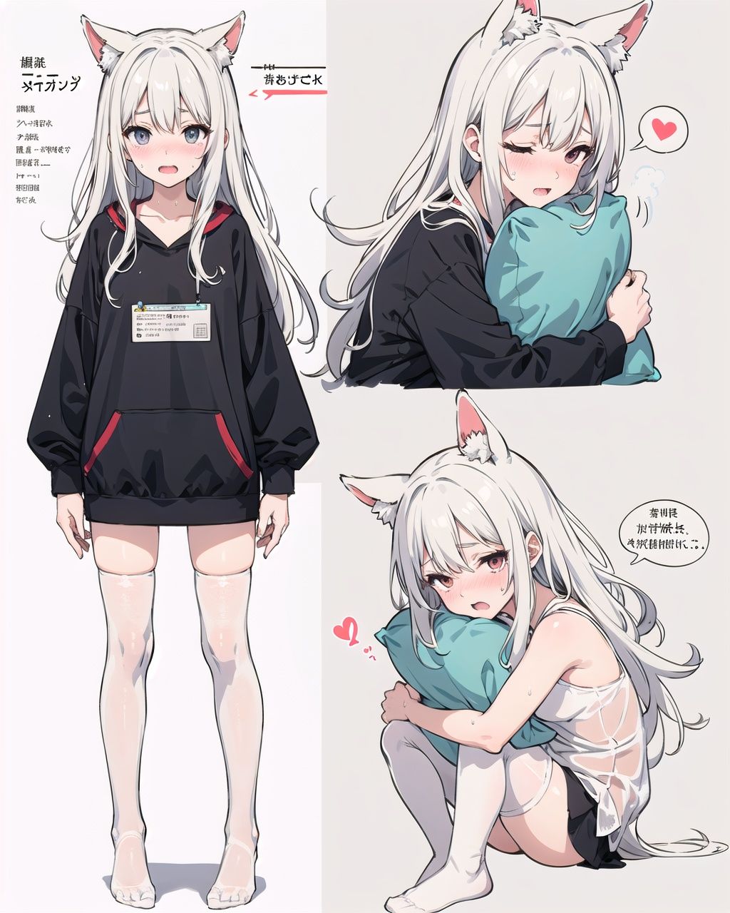 ((solo)),loli,child,little girl,best quality,(graphite \\(medium\\), ske,gradient), animal ears,white hair,long hair,highres, absurdres, full body,(ultra-detailed:1.1325), (illustration:1.1425), (infographic:1.235), loli,pajamas, little girl,patent drawings, (physical measurement), (all clothes configuration:1.15), (stationery), perfectly drawn hands, standing, cohesive background, (character sheet), thin,full body,(wet white thighhighs),(no shoes),see-through, see-through silhouette, wet,sweat,(steaming body),half-closed eyes,open mouth,((nose blush)),spoken blush,spoken heart,sitting,knees together feet apart,((pillow hug)),