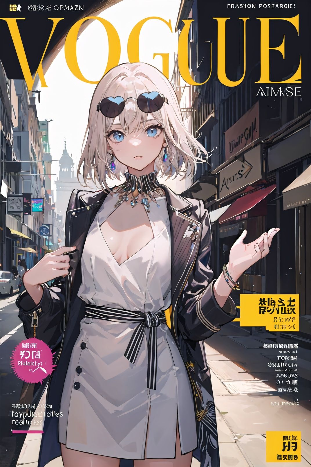 1girl,cover page,magazine cover,(fashion apparel design, dynamic clothing, tailor),trendy,stylish,chic,cowboy shot,Accessory,Textile,Haute couture,Vogue,jewelry show,silhouette,luxury,Sunglasses,