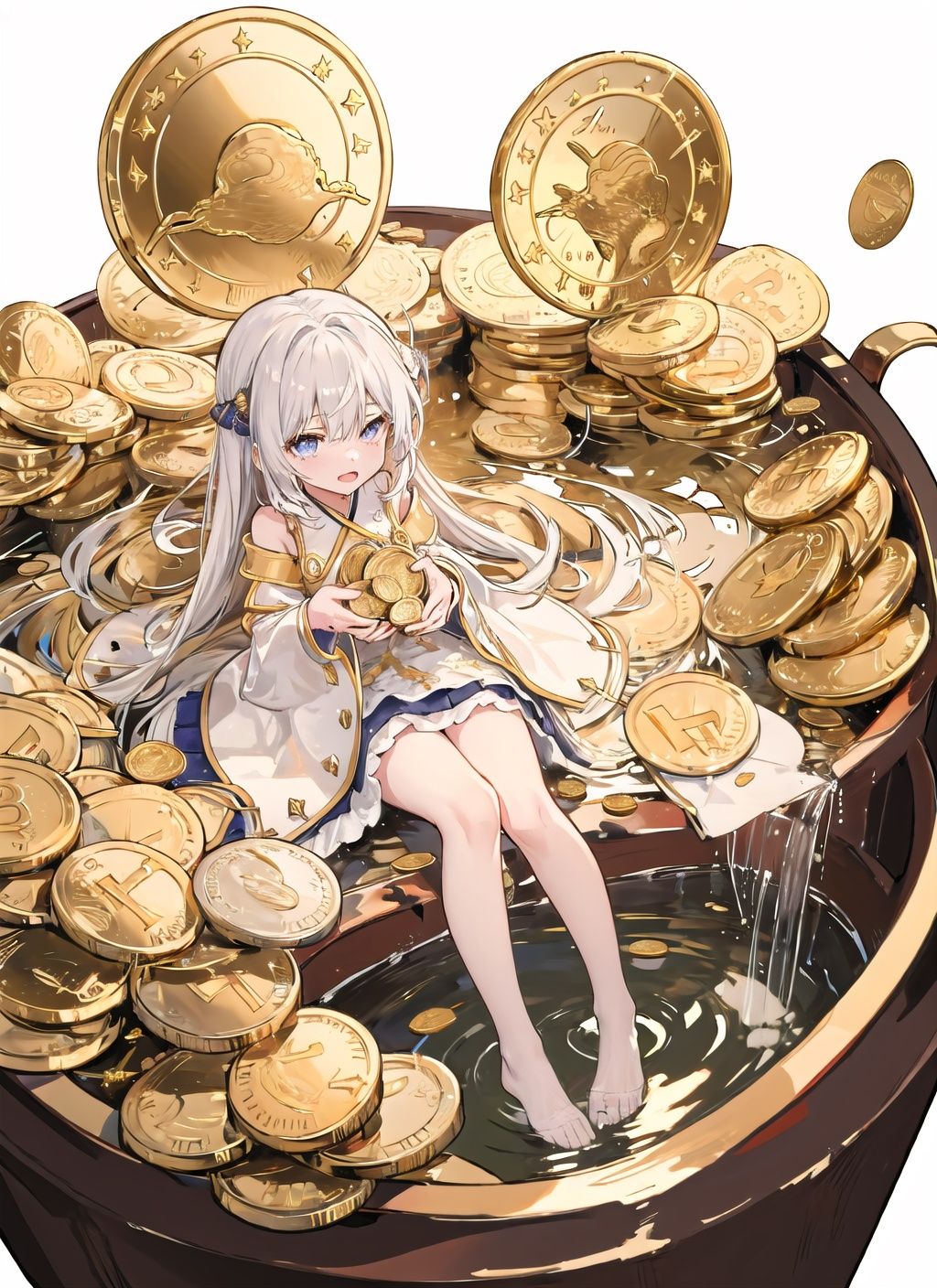hentai,1girl,solo,loli,aged down,Exquisite and complex gold coins,(a hill of gold coins:1.2),(Gold coin fountain:1.2),Simple background,White background,