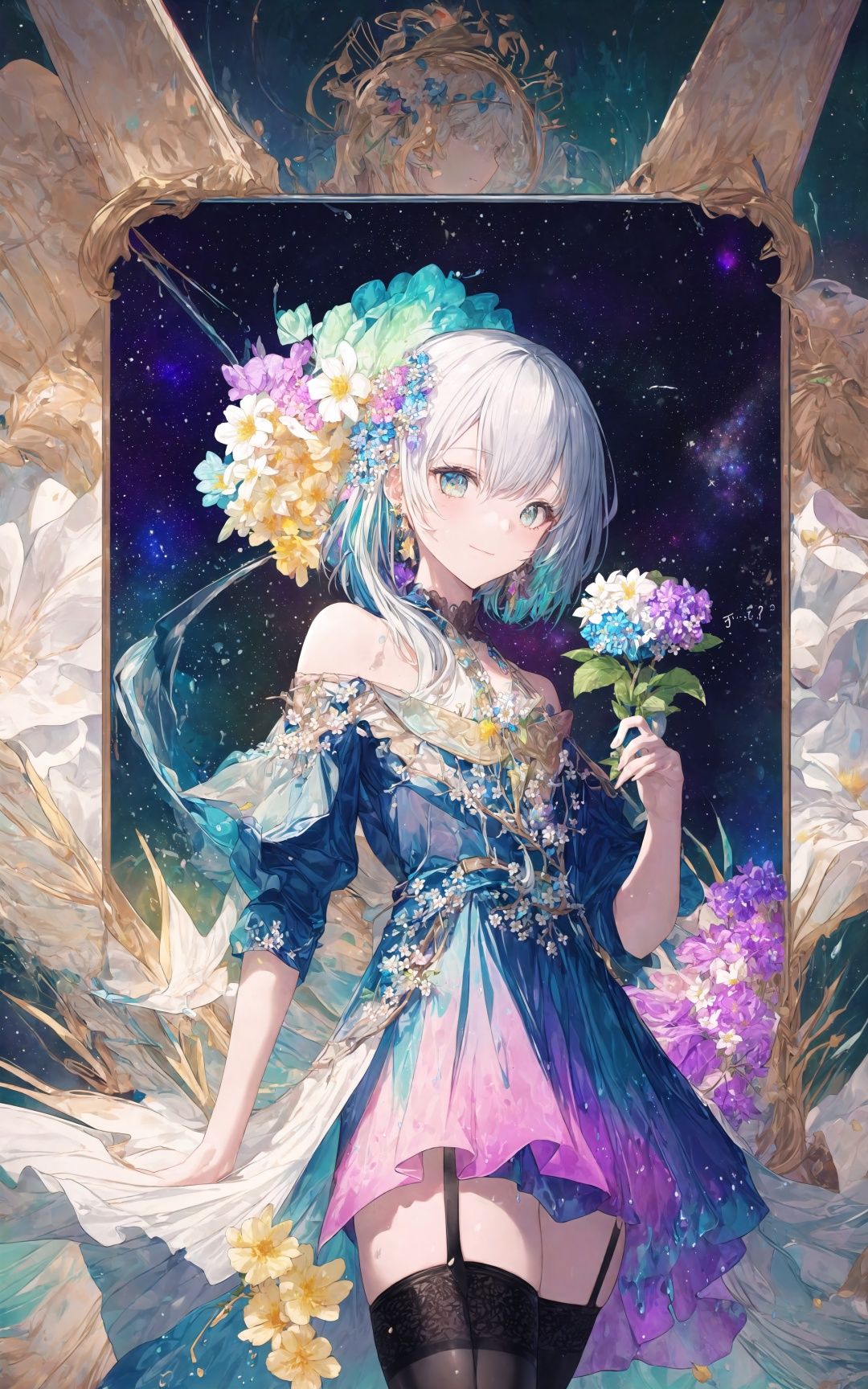 ((english text)),(((colorful flower))),branch,Galaxy,((best quality)), ((masterpiece)), ((ultra-detailed)), (illustration), (detailed light), (an extremely delicate and beautiful),incredibly_absurdres,((english text)),(((colorful flower))),branch,Galaxy,(1girl:1.7),solo,a beautiful girl,magician,(((cowboy shot))),standding,(+perfect hand+:1.21),((Hosiery)),((galaxy and jewelry adorns beautiful colorful dress+stocking):1.5),((Belts)),(leg loops),((Hosiery)),((white hair)),(((beautiful eyes))),[colorful ink flowing],(chromatic aberration with strong rim light, glitch),tyndall effect, colorful refraction,visual impact,Spray paint graffiti,(((melting and splashing))),(highlight contrast),[((color splashing)),((ink splashing)),((dyeing)),melt,multicolored ink melt,watercolor,colorful ink splashing surrounded,fluttered detailed ink splashs],((english text)),(((colorful flower))),branch,Galaxy
