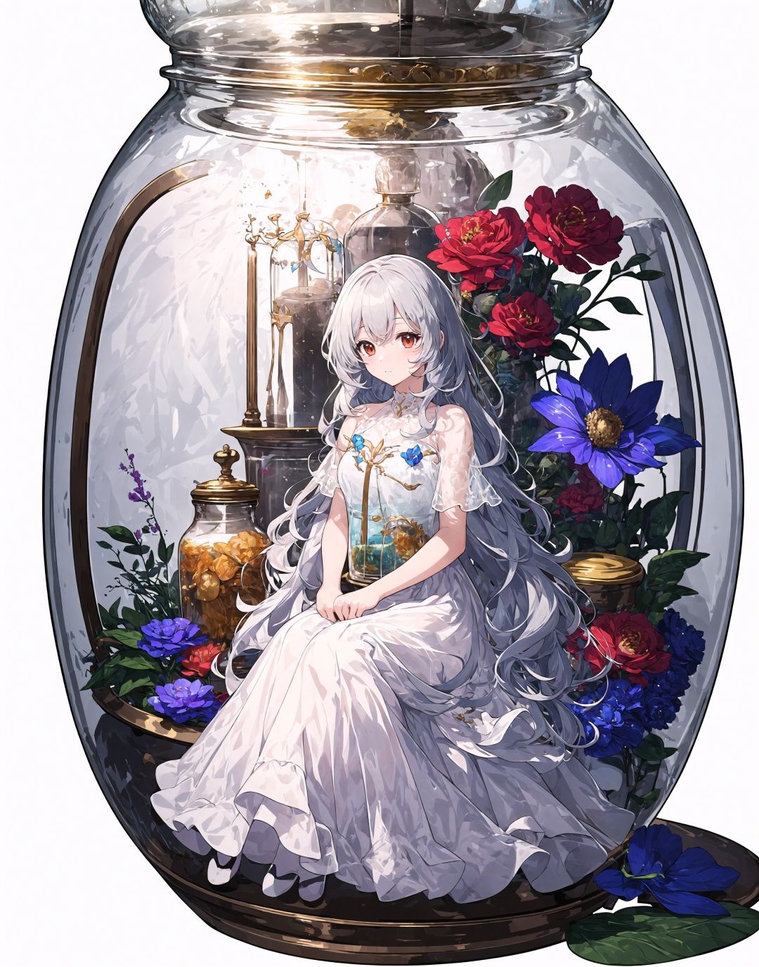 (((masterpiece))),(((best quality))),ultra-detailed,(colorful),(transparent background:1.65),(illustration),(((an extremely delicate and beautiful))),(a cute girl:1.35),long hair,silver hair,(white dress:1.2),Messy hair,eye shadow,(hourglass:1.15),(flower),(erune),[(glass jar:1.15), (girl in jar:1.5):(sitting girl)],