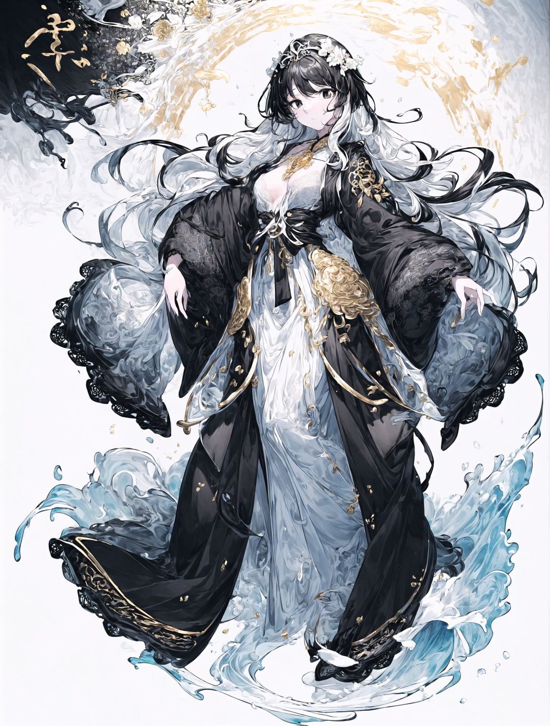 ((best quality)), ((masterpiece)), ((ultra-detailed)), (illustration), (detailed light), (an extremely delicate and beautiful), ((((1girl)))), finely detailed, Depth of field,(((full body):1.8)), (((a girl wears Clothes Black and white Taoist robes)))，((Extremely gorgeous magic style))，((((gold and silver lace)))),(((flowing lace))),(((flowing ((black)) and white background)))，(((((beautiful black eyes))))),((floating hair)),(((Pick and dye black hair in white hair))),(((flowing transparent black))),(((flowing transparent white))),(((((ink))))),((((small breast)))),(((extremely detailed gorgeous tiara))),(((black and white hair))),((black hair stick)),((white hair ornament)),((gold gorgeous necklace)),((flowing hair)),(((The picture fills the canvas))),((The character is in the center of the frame)),(((flowing))),((bright pupils)),((melt)),(((black and white melt)))