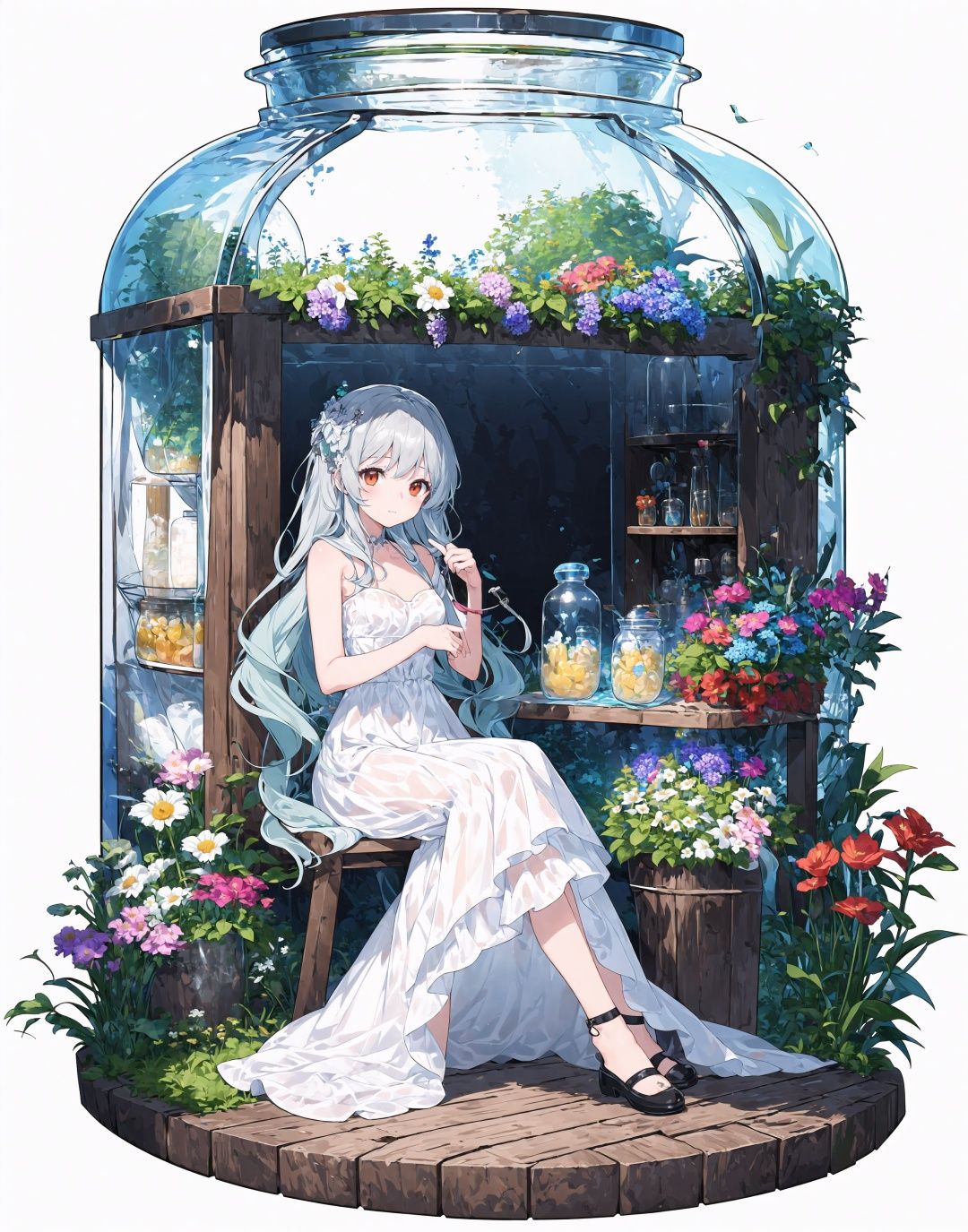 (transparent background:1.75),(((masterpiece))),(((best quality))),ultra-detailed,(colorful),(illustration),(((an extremely delicate and beautiful))),(a cute girl:1.35),long hair,silver hair,(white dress:1.2),Messy hair,eye shadow,garden,(flower:1.2),(erune),[(glass jar:1.15), (girl in jar:1.5):(sitting girl)],