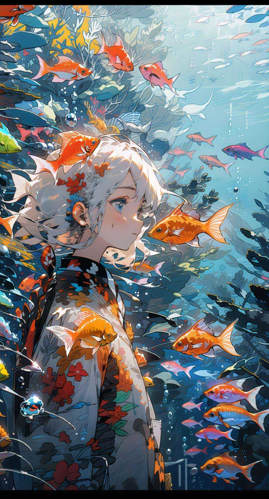 1girl, fish, goldfish, solo, blue eyes, bag, japanese clothes, kimono, profile, upper body, white hair, from side, backpack, letterboxed, bubble, red kimono, hair ornament, bangs, floral print, blush, underwater <lora:shoal-000018:1>