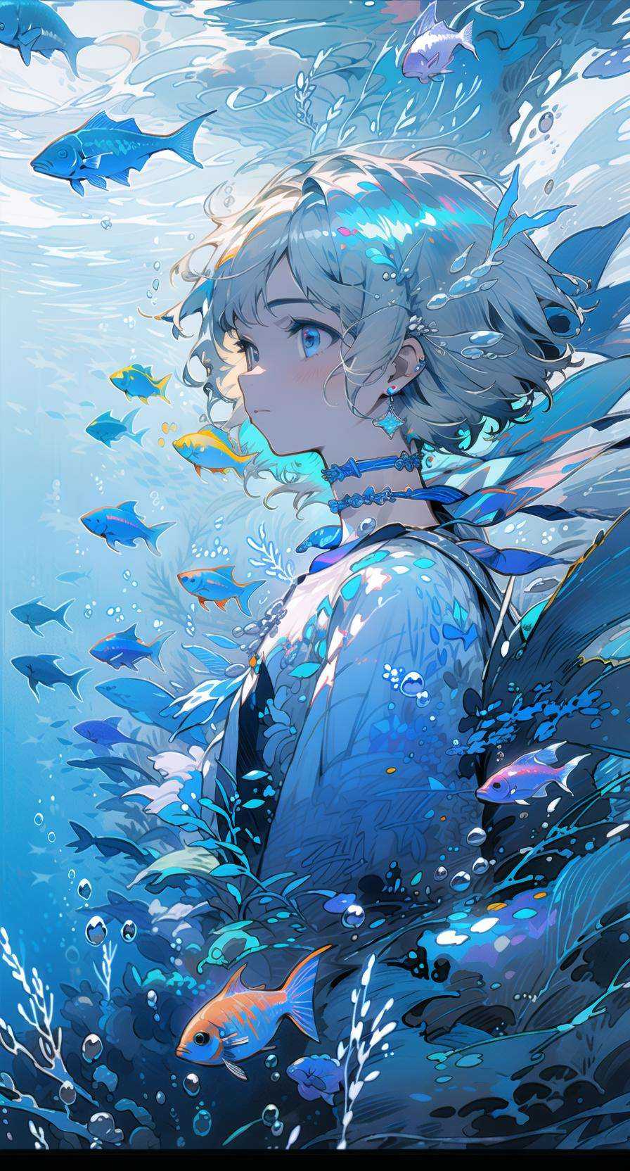 1girl, blue eyes, blue theme, fish, solo, jewelry, earrings, profile, bubble, choker, underwater, blue hair, short hair, blue choker, white hair, from side, air bubble, letterboxed, jellyfish, upper body, floating hair <lora:shoal-000018:1>