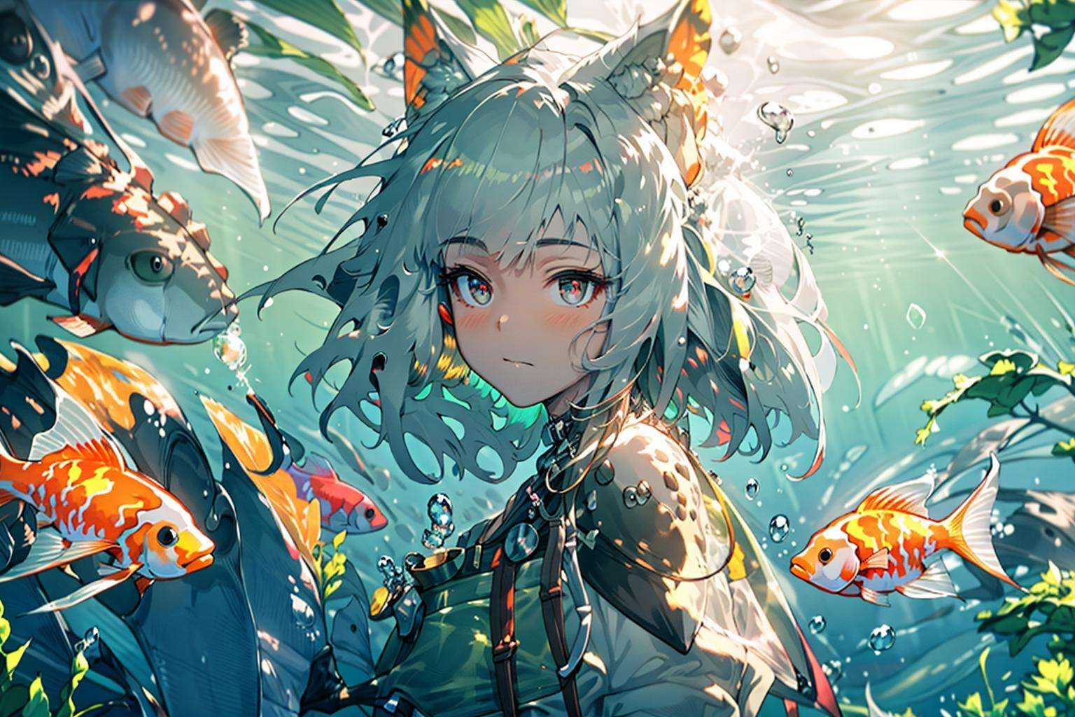 1girl, fish, solo, multicolored eyes, close-up, blush, looking at viewer, goldfish,<lora:underwater3-000018:0.85> <lora:kaltist0-000006:1>kaltost