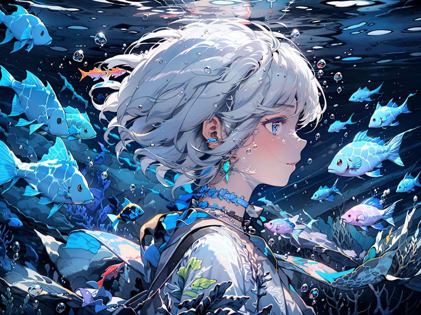 1girl, blue eyes, blue theme, fish, solo, jewelry, earrings, profile, bubble, choker, underwater, blue hair, short hair, blue choker, white hair, from side, air bubble, letterboxed, jellyfish, upper body, floating hair<lora:underwater3-000018:1>