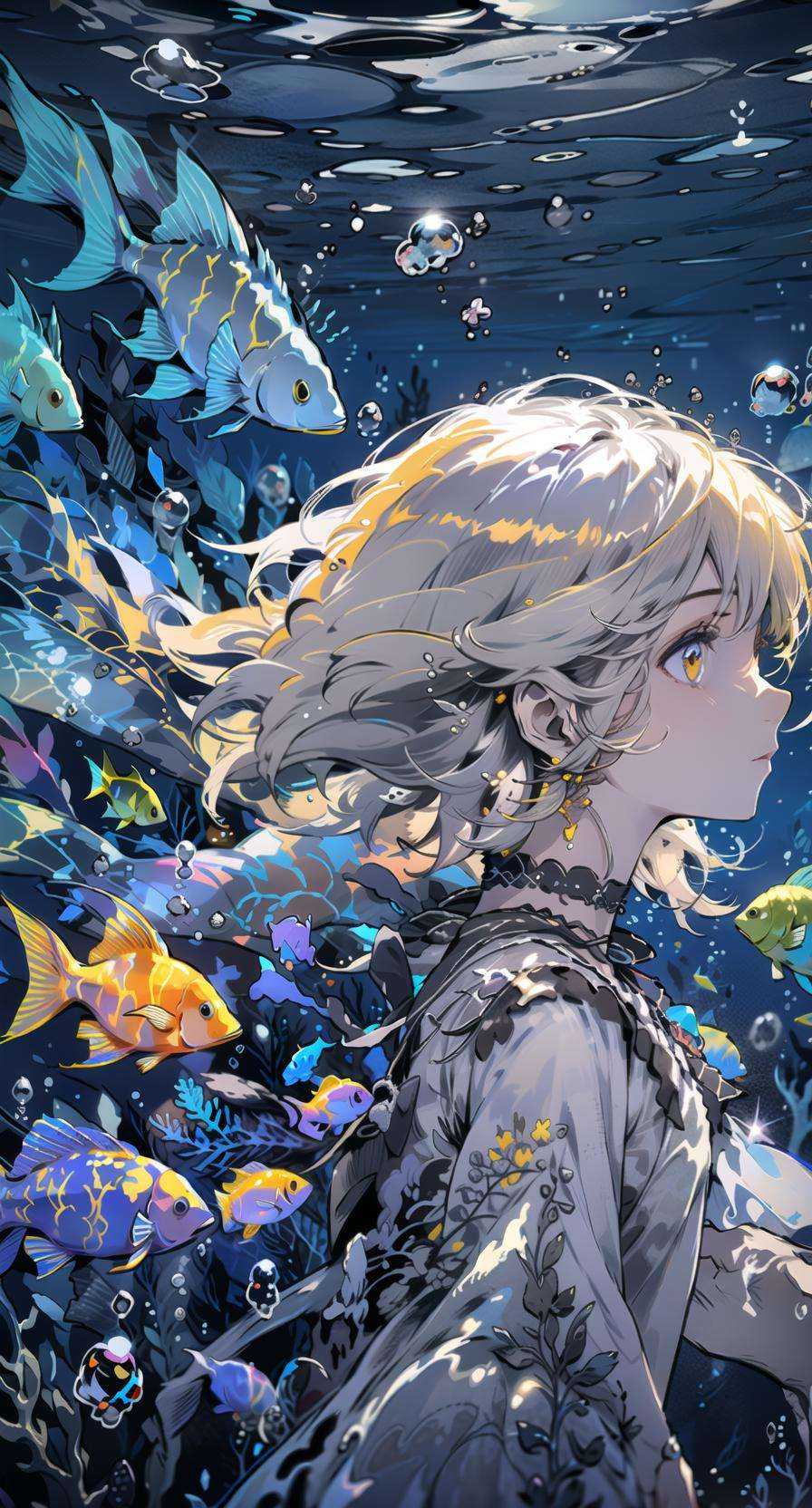 1girl, yellow eyes, purple theme,yellow fish, solo, jewelry, earrings, profile, bubble, choker, underwater, yellow hair, short hair, blue choker, white hair, from side, air bubble, letterboxed, jellyfish, upper body, floating hair <lora:shoal-000018:1>