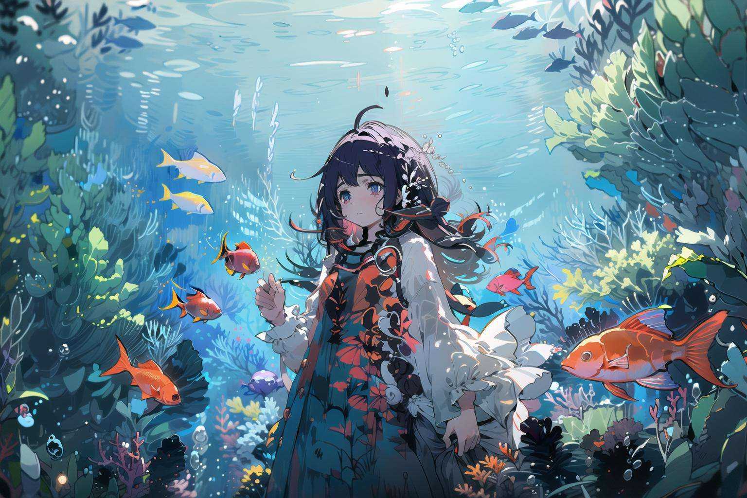 1girl, bubble, solo, underwater, red fish, dress, air bubble, ahoge, purple hair, long hair <lora:shoal-000018:1> 