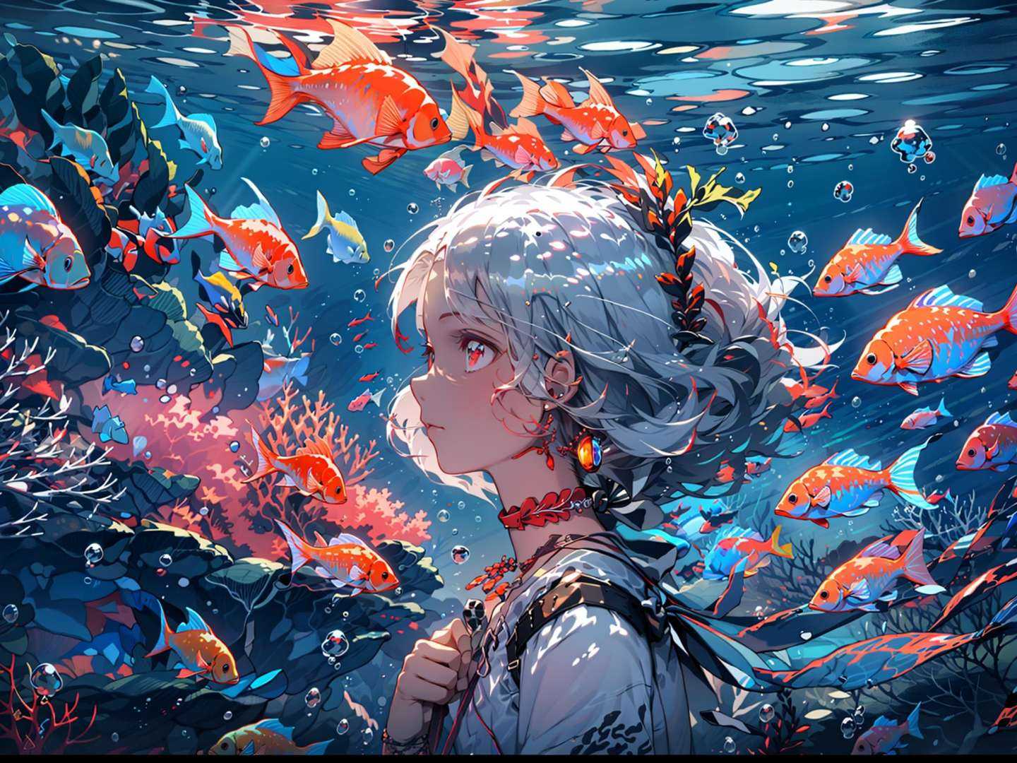 1girl, red eyes, red theme, fish, solo, jewelry, earrings, profile, bubble, choker, underwater, red hair, short hair, red choker, white hair, from side, air bubble, letterboxed, jellyfish, upper body, floating hair<lora:underwater3-000018:1>