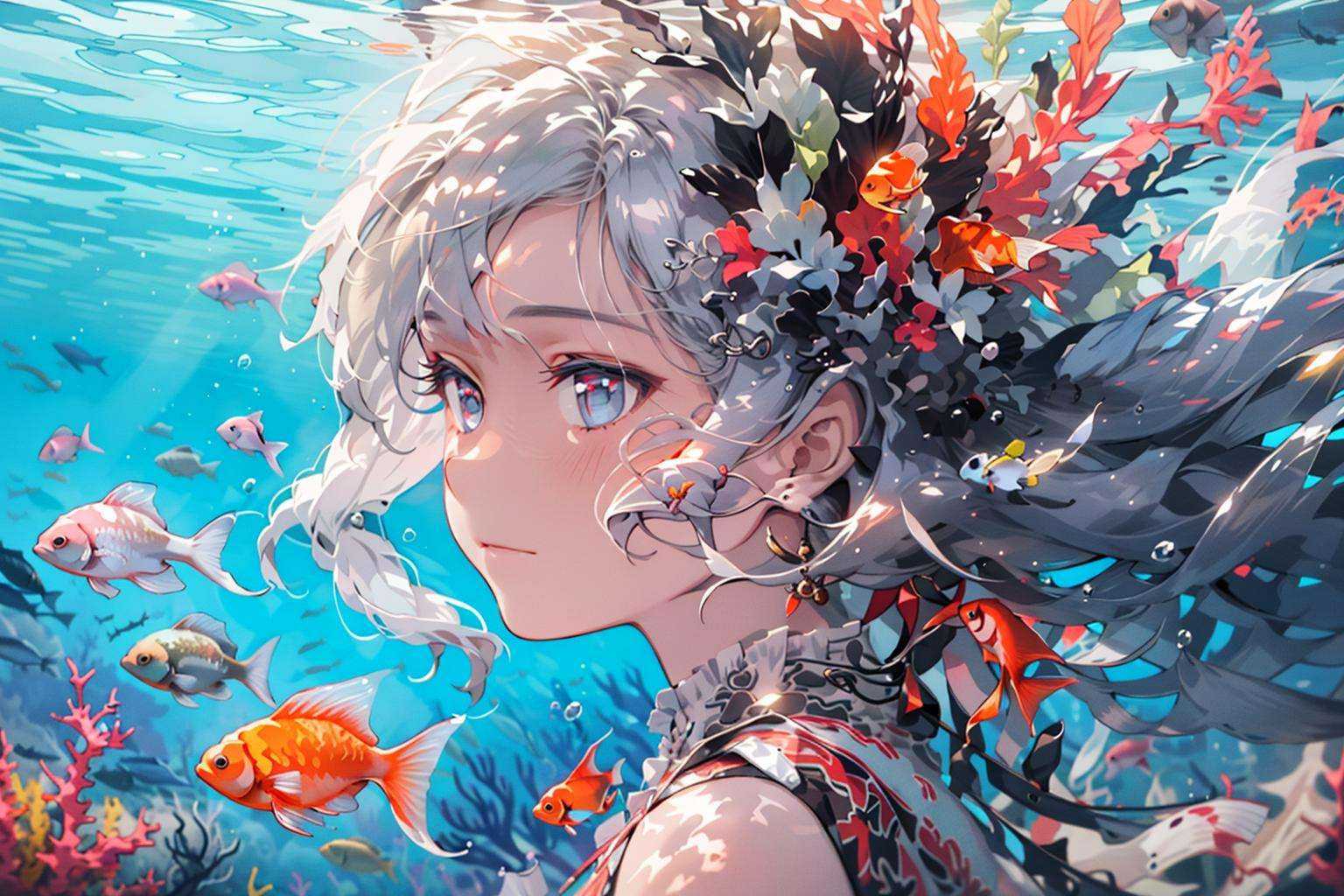 1girl, solo, fish, blue eyes, letterboxed, long hair, blush, goldfish, white hair, profile, floating hair, portrait, bangs, hair ornament, underwater, flower, hair flower, looking away, from side <lora:underwater3-000018:1>